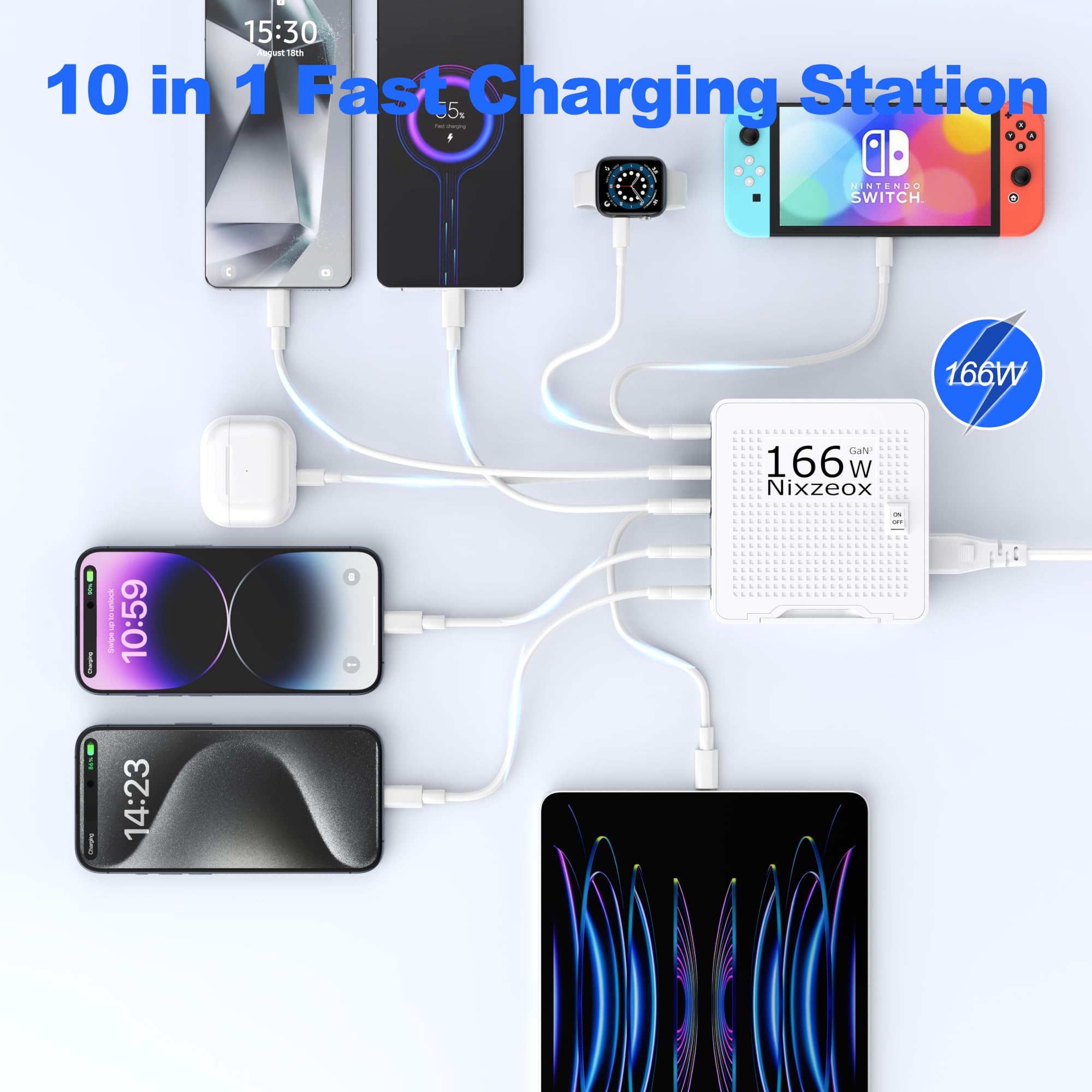 166W GaN 10-Port USB C Charging Station PD20W QC18W Fast Charging Wall Charger for iPhone 15/14/13/12/11 iPad Samsung Pixel 5FT Extension Cord White-Silver