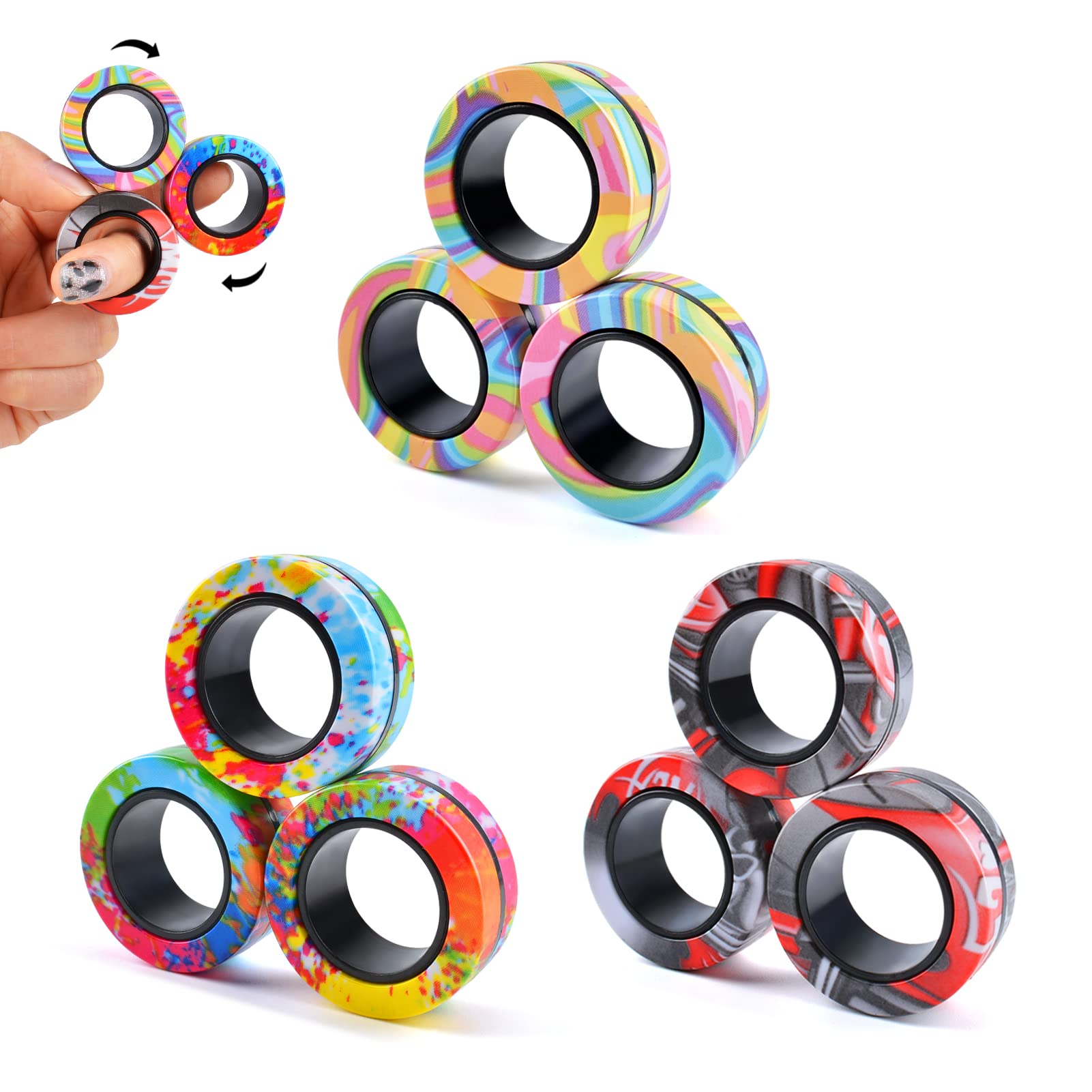 9Pcs Magnetic Rings Fidget Toy Set, ADHD Anxiety Magnetic Fidget Toys Adults Fidget Spinner Rings for Relief, Gifts for 8+ Year Old Teen Boy Girl