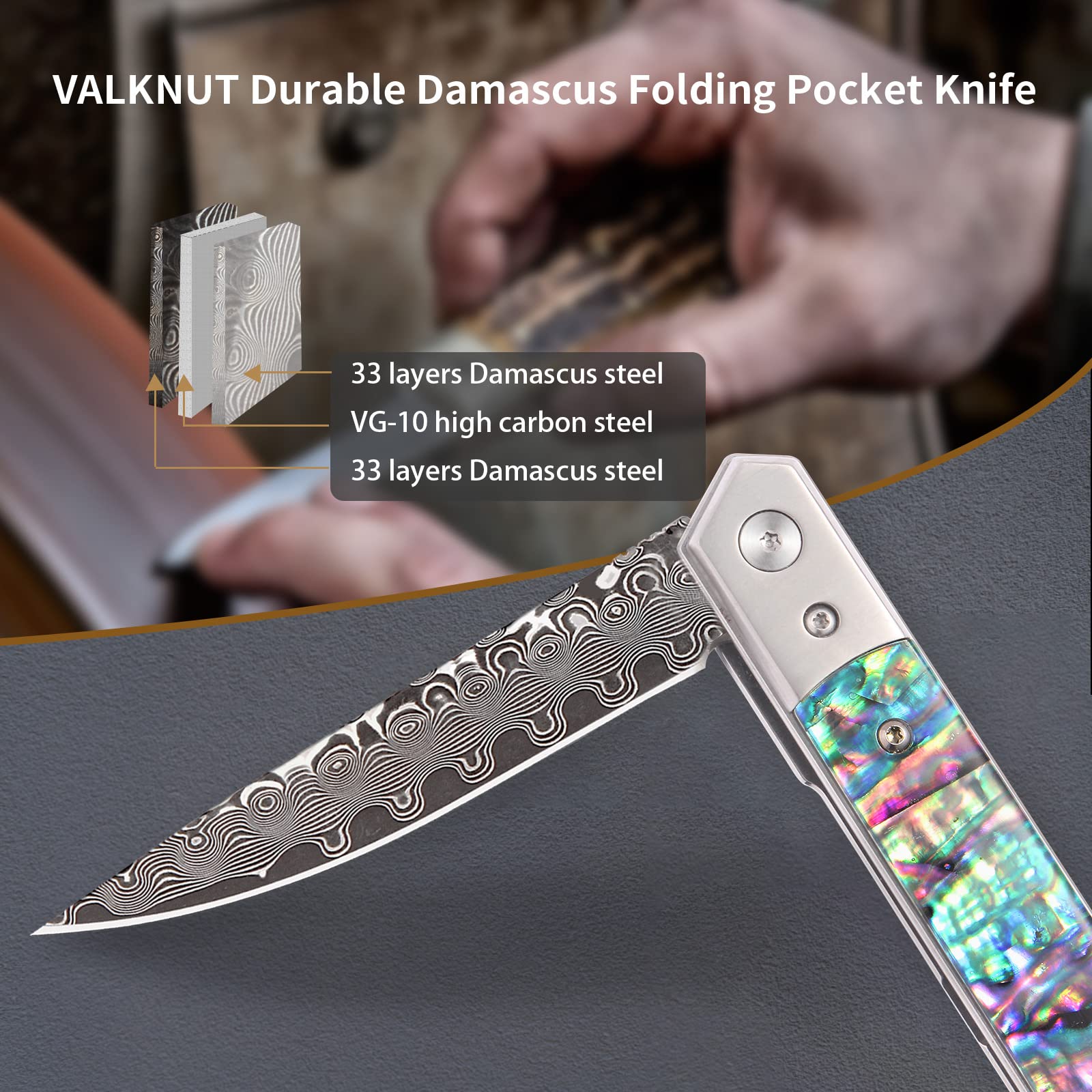 VALKNUT Damascus Folding Pocket Knife with Clip, Abalone Handle Damascus Steel Blade Knife for Men and Women, EDC Knife for Outdoor Camping, Collection and Gifts