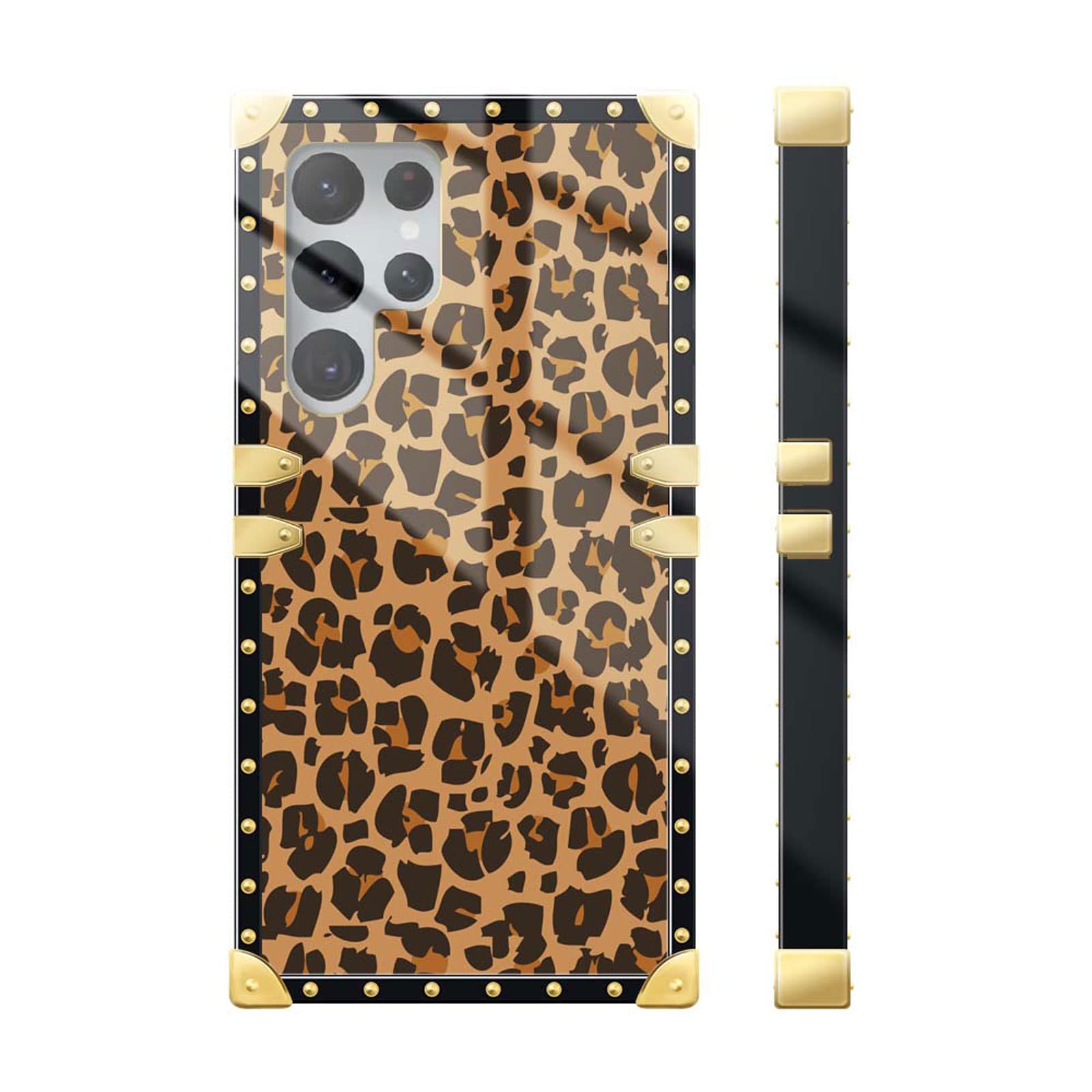 Goodsprout Compatible with Samsung Galaxy S22 Ultra,Brown Leopard Texture Pattern Golden Edge Protection Square Soft TPU Shockproof Protective Hard PC Back Samsung Galaxy S22 Ultra