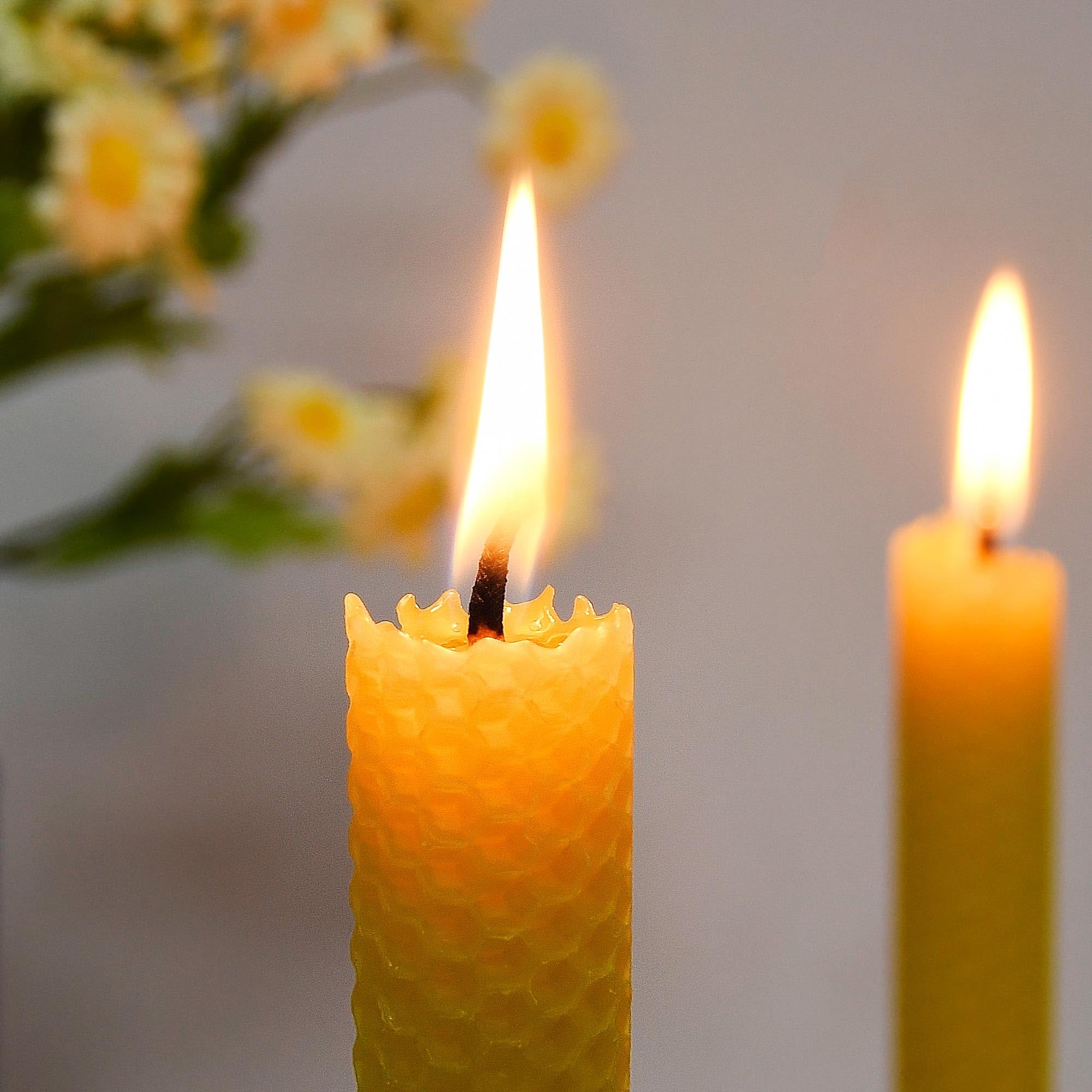 Natural Beeswax Taper Candles, 8 Inch Handmade Honeycomb Bees Wax Candlesticks 6 Pack - 5 Hours Burning Time - Smokeless, Dripless and Unscented for Home Decor Party Dinner