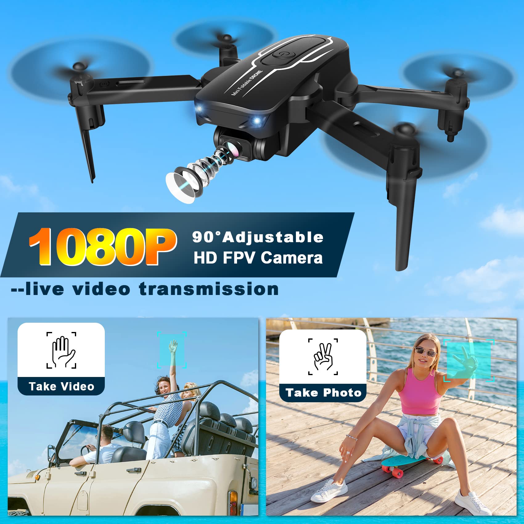 Mini Drone with Camera for Adults Kids - 1080P HD FPV Camera Drones with 90 Adjustable Lens, Gestures Selfie, One Key Start, 360 Flips, Toys Gifts RC Quadcopter for Boys Girls with 2 Batteries