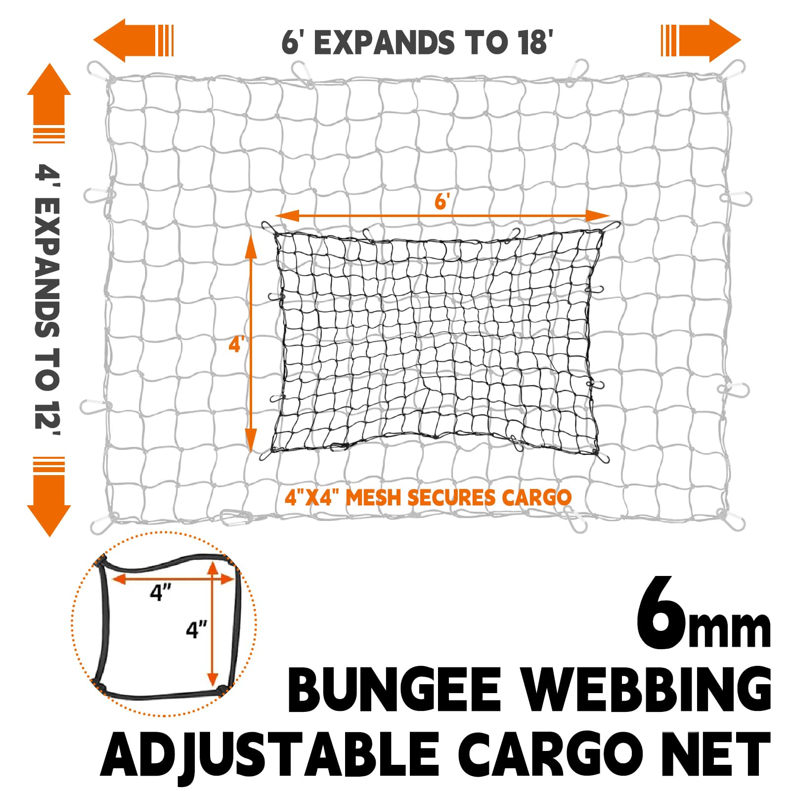 DEDC 4' x 6' Cargo Net for Pickup Truck Bed Stretches to 12' x 18',Universal Heavy Duty Truck Bed Cargo Net for Trailer 4”x4” Latex Bungee Mesh Cargo Net for SUV/Trailer/Ford/Dodge RAM/Chevy/Toyota