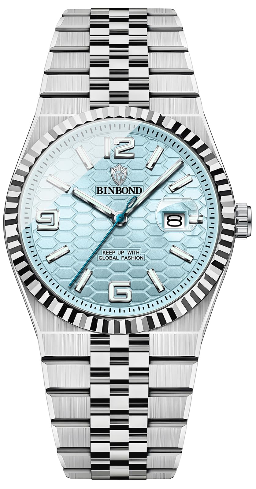 Men's Modern Wristwatch with 3D Textured Dial, Luminous Hands, 30M Water Resistant, Stainless Steel Strap & Quartz Movement, 40mm Slim Designv (Light Blue)