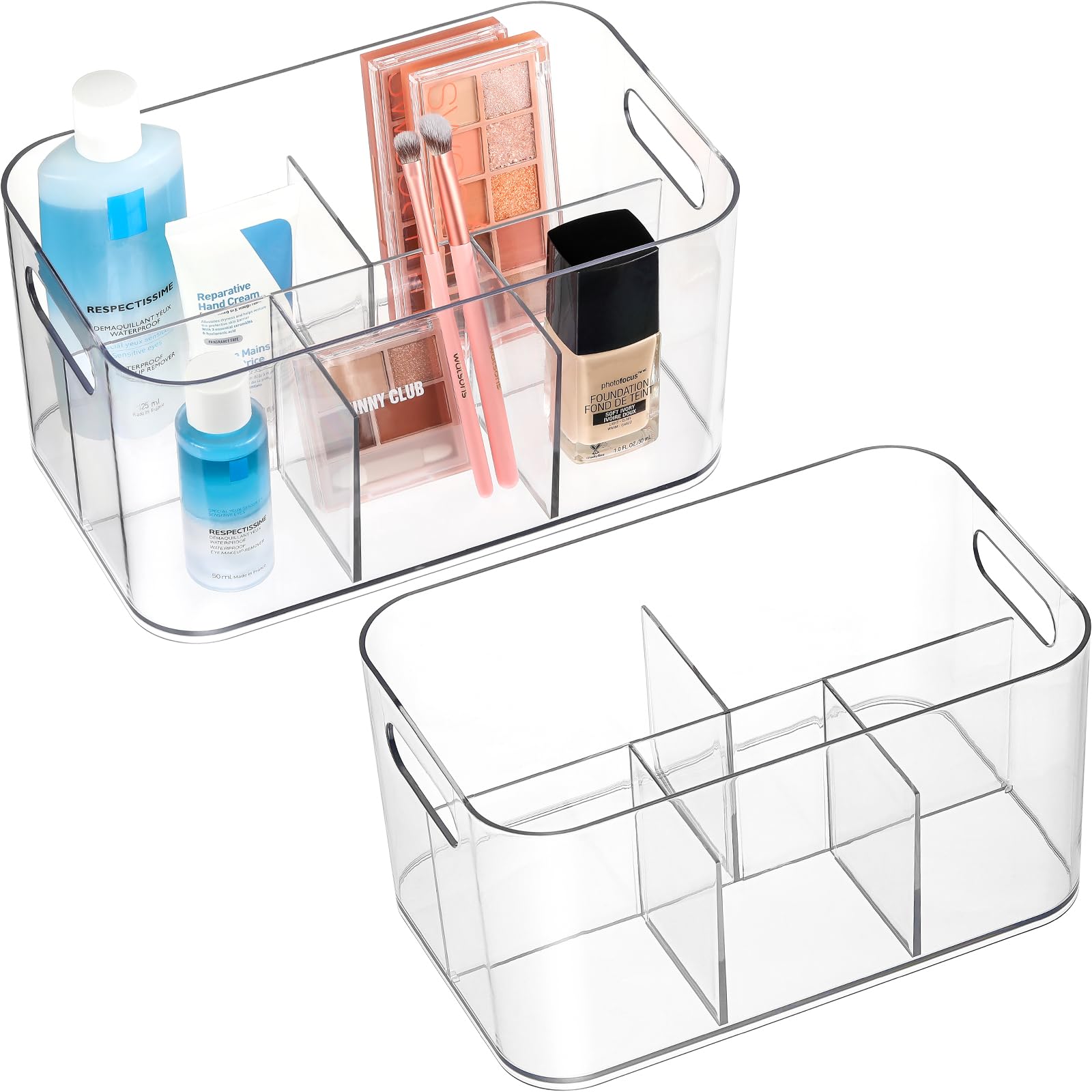 5-Compartment Clear Plastic Bin - Divided Art Supplies, Cosmetic Makeup Caddy Organizer - Multiuse Storage Container for Vanity, Bathroom, Kitchen, Office, Craft, Shower, Cleaning Items, (1 Pack)