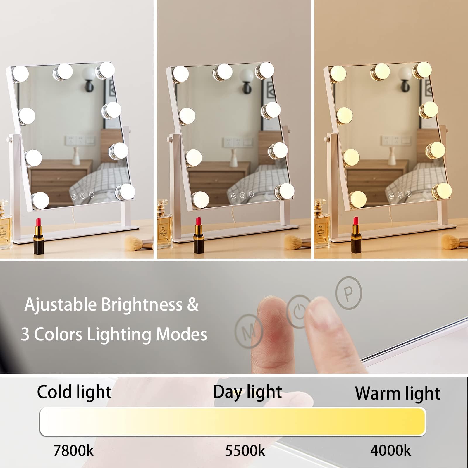 HIEEY Hollywood Vanity Mirror with Lights, Makeup 9 Dimmable Bulbs Three Color Lighting Modes, and 5X Magnification Mirror, Smart Touch Control, 360°Rotation (White)