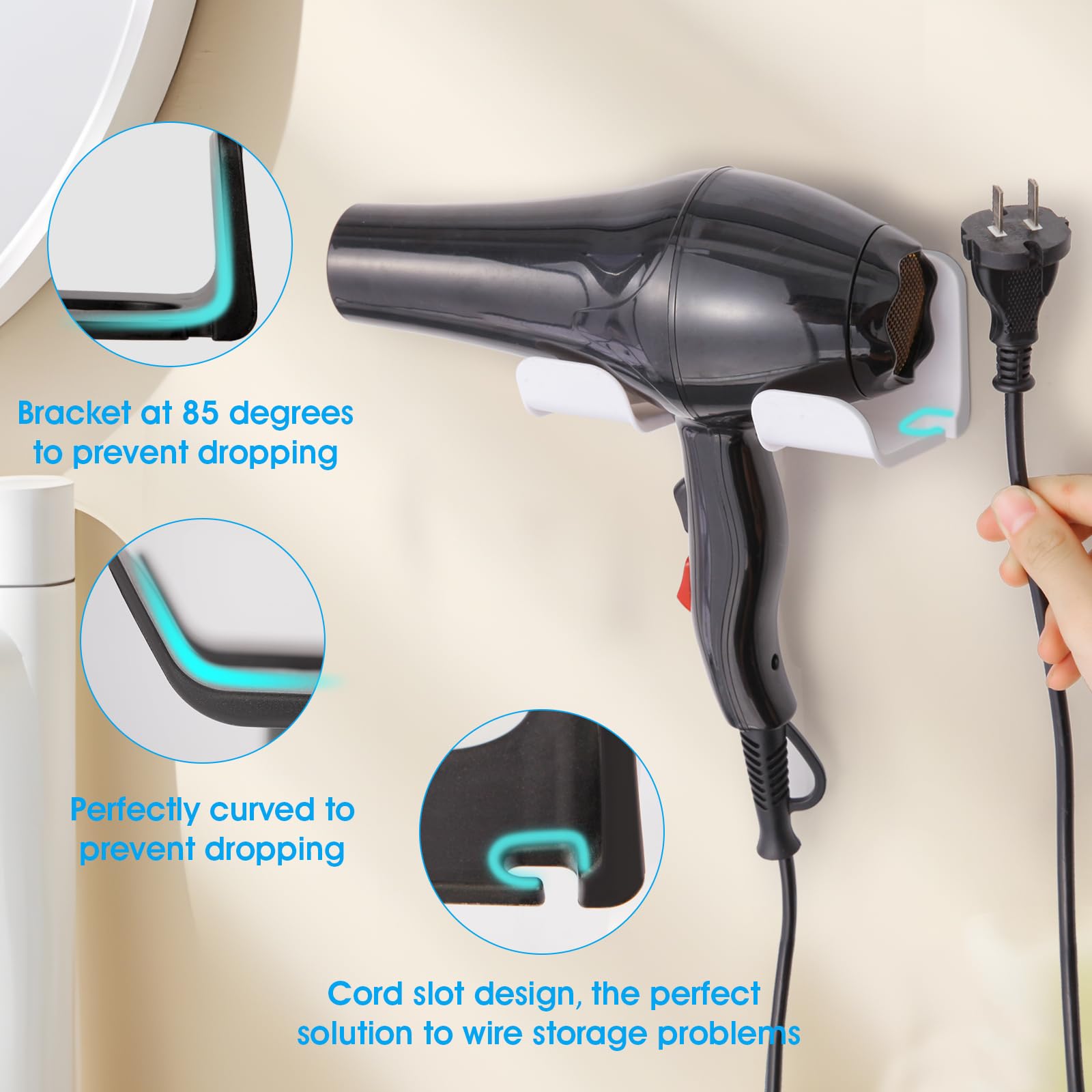 New B1919 2Pcs Universal Hair Dryer Holder, Blow Dryer Holder with Cord Storage, Hair Dryer Holder Wall Mounted, Bathroom Hair Tool Organizer for Dyson, Stable Easy To Install (Get 2 Styles)