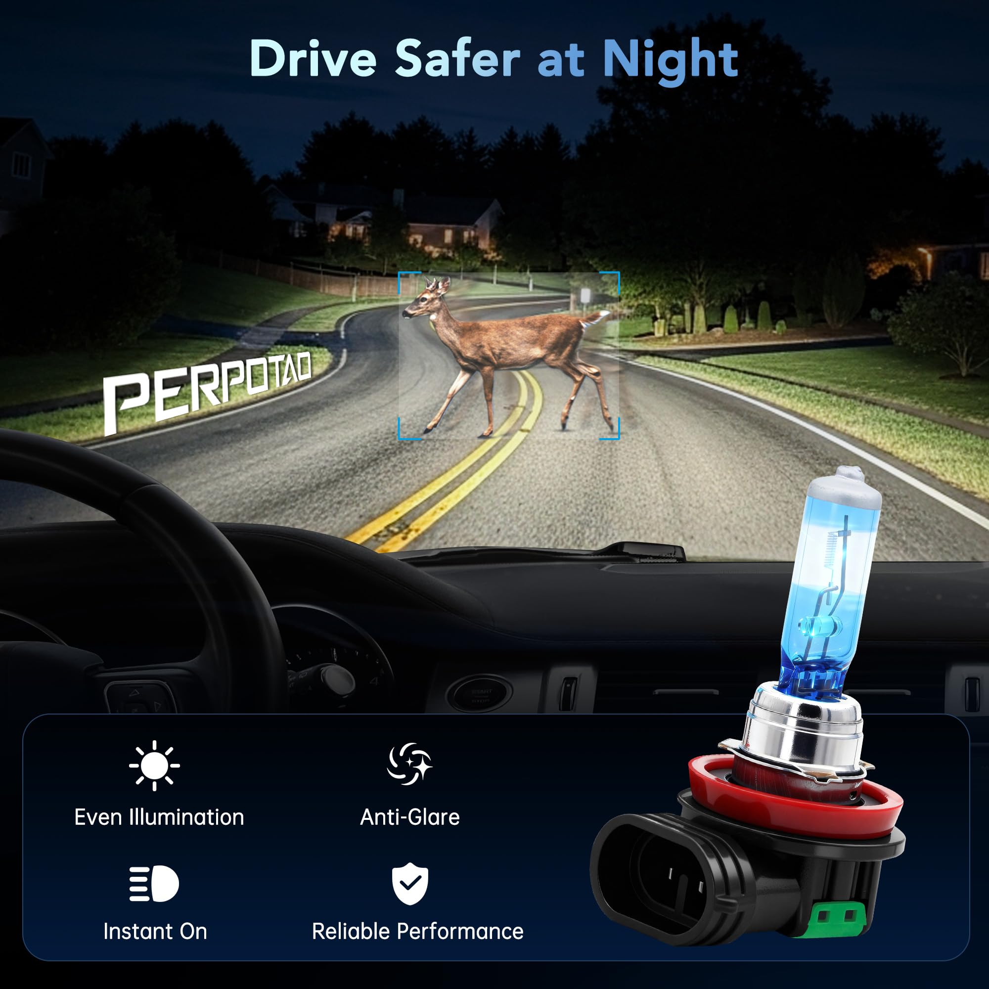 PERPOTAO H11 Halogen Bulbs, 12V 55W, 3800K Warm White, High Performance, Brighter Clear Light, High/Low Beam & Fog Light Bulb Replacement, Long Life, Plug and Play, 2 Pack