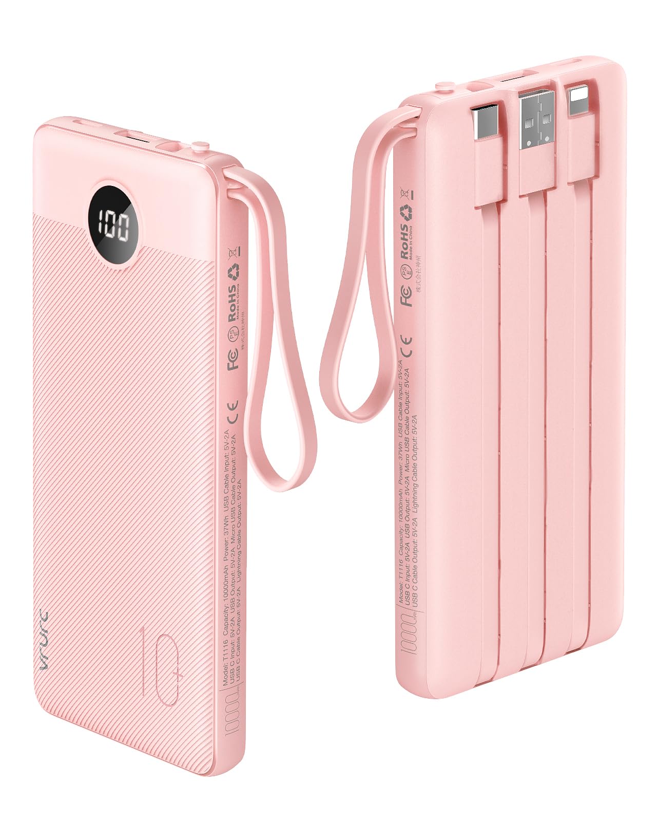 VRURC Portable Charger 10000mAh, Slim LED Display Power Bank, 5 Output 2 Input Cell Phone Battery Pack, Built-in Micro & USB C Cables Phone Charger Compatible with iPhone,Samsung,Android-Pink(1 Pack)