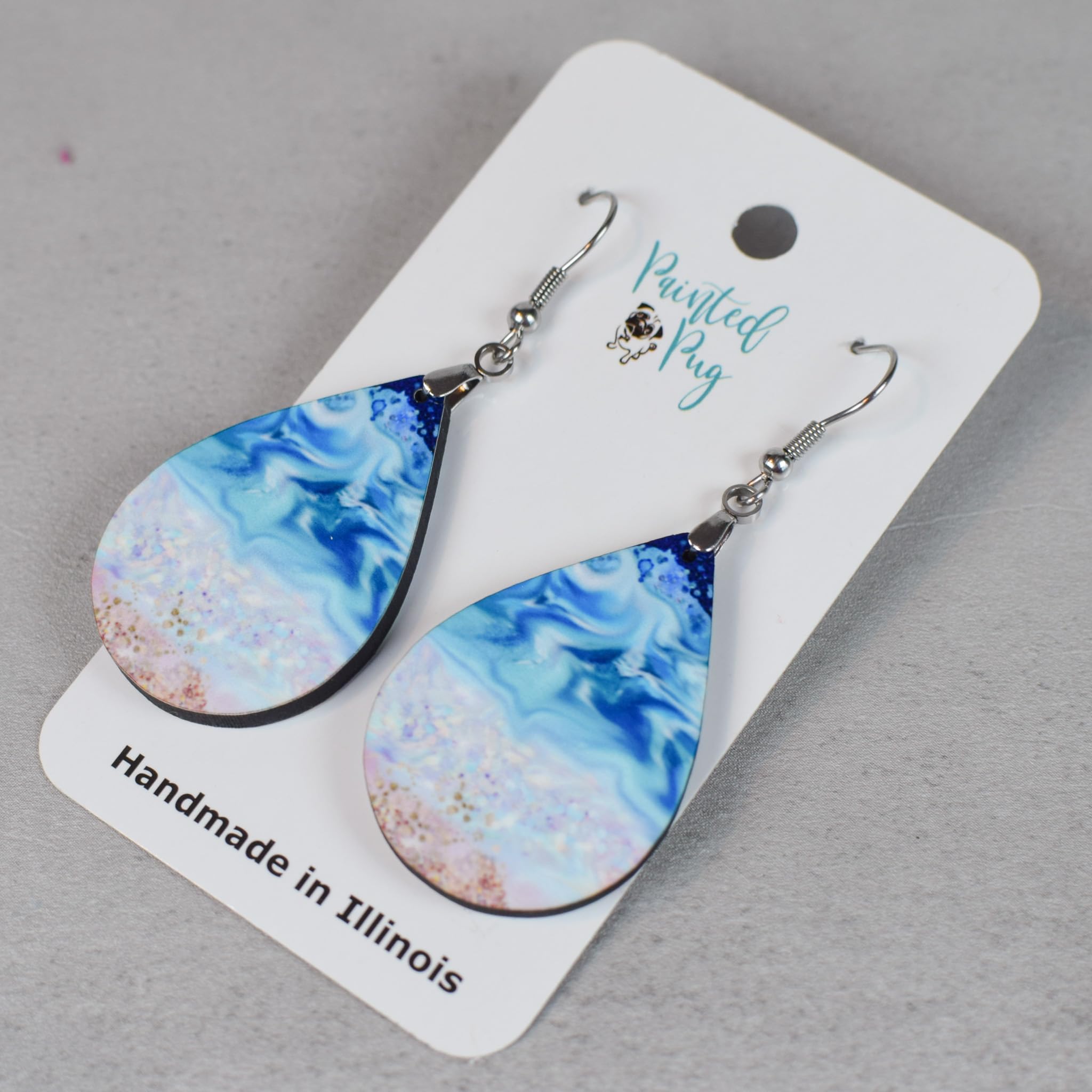 Beach Earrings for Women Summer Ocean Teardrop Dangling Gift for Her Jewelry Mothers Day Gift Teal Beige Turquoise Handmade by The Painted Pug (Original Beach Large Single Pair)