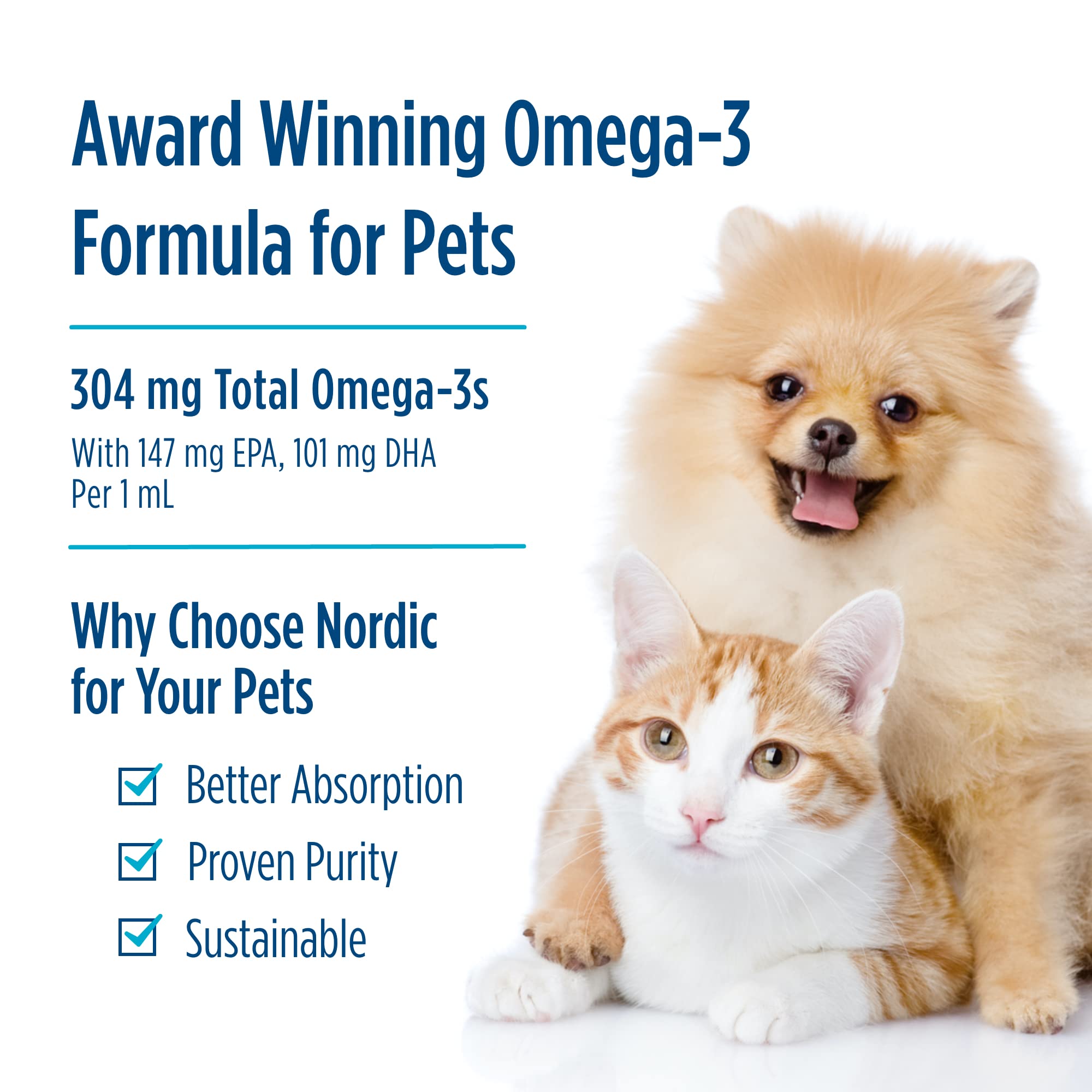 Nordic Naturals Omega-3 Pet, Unflavored - 2 oz - 304 mg Omega-3 Per One mL - Fish Oil for Small Dogs & Cats with EPA & DHA - Promotes Heart, Skin, Coat, Joint, & Immune Health