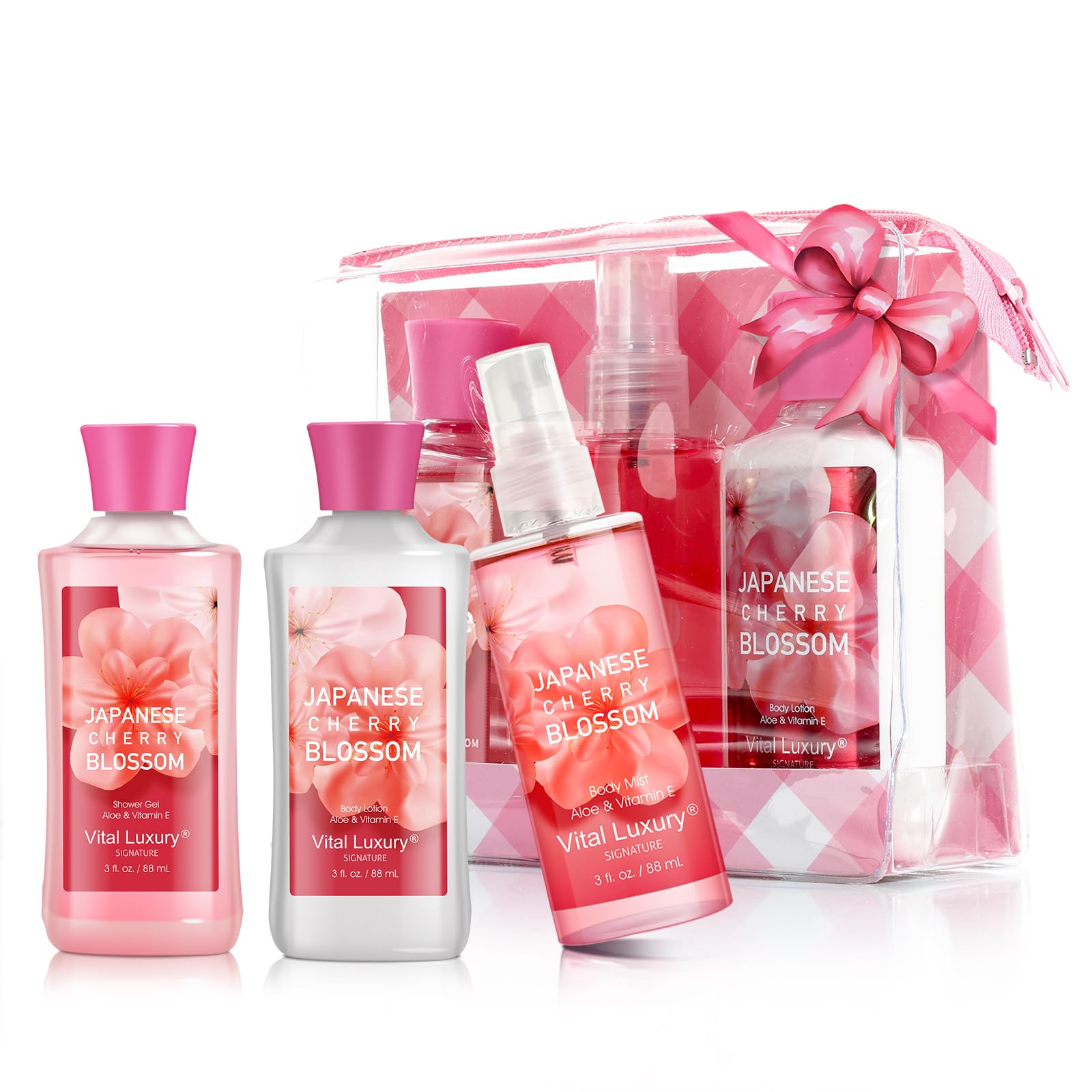 Vital Luxury Bath & Body Kit Japanese Cherry Blossom, 3 Fl Oz, Ideal Skincare Gift, Home Spa Set, Includes Body Lotion, Shower Gel and Fragrance Mist, Perfect for Christmas Gifts and Festive Pampering