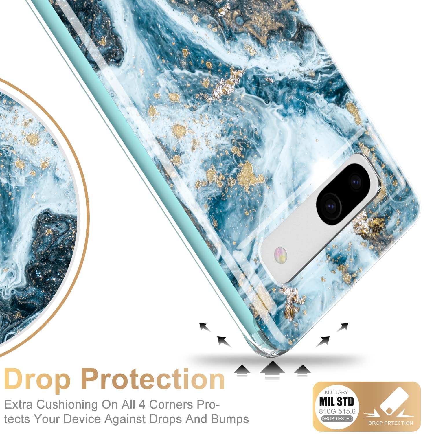 Esdot for Google Pixel 7A Case with Built-in Screen Protector,Military Grade Rugged Cover with Fashion Cute Designs for Women Girls,Protective Phone Case for New Pixel 7A Opal Marble Teal