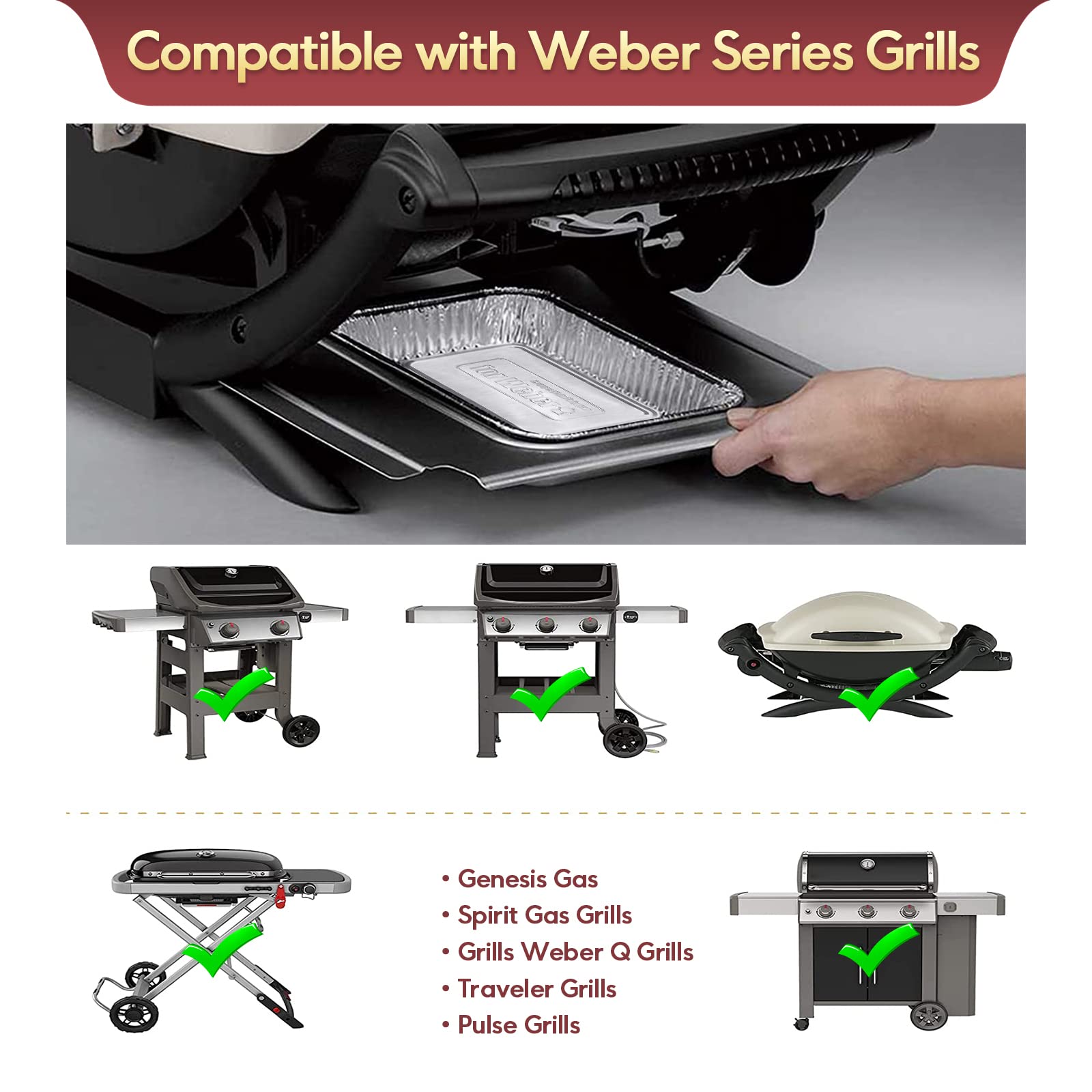 TIFMI 50 Pack Drip Pans Liners Compatible for Weber Q Series, Spirit Gas, Traveler Grill, Genesis II LX 200 & 300 Series Gas Grills, Aluminum Foil Grease Trays for Weber 6415 Grill Accessories