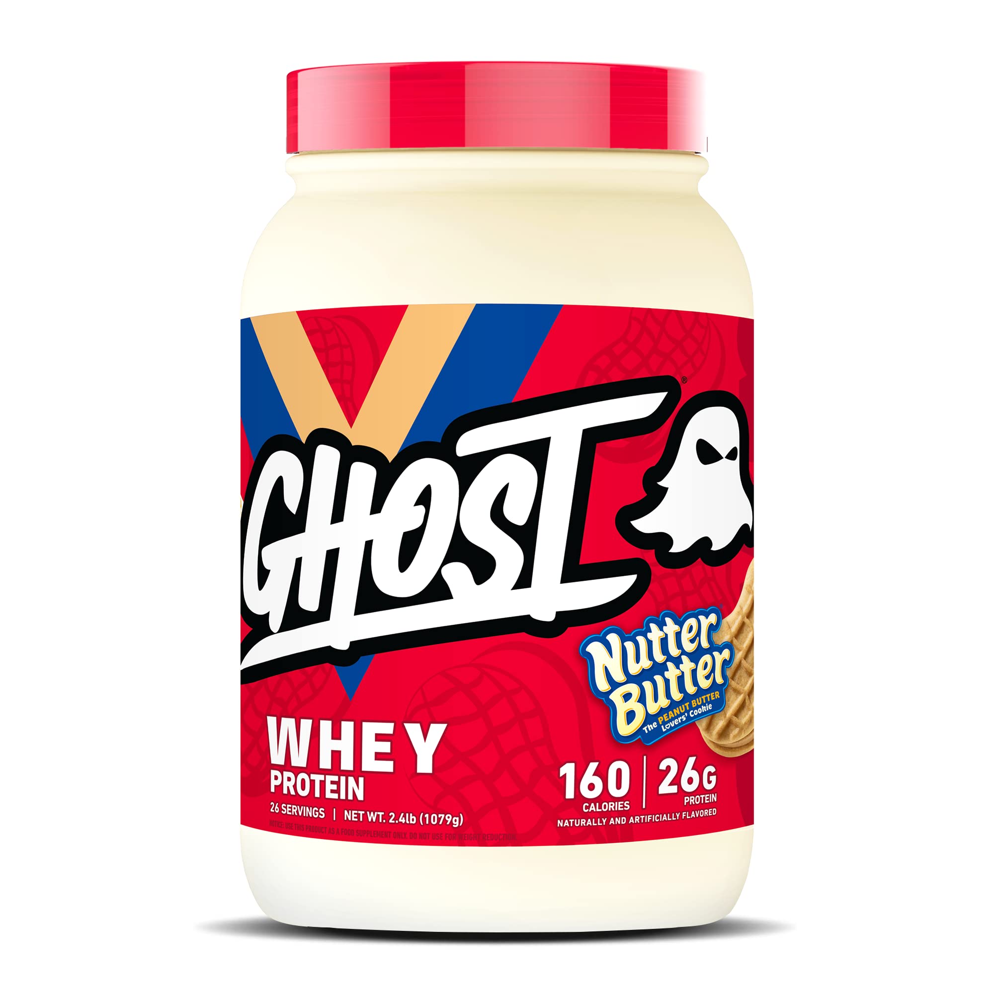 GHOST Whey Protein Powder, Nutter Butter - 2.4LB Tub, 26G of Protein - Peanut Butter Cookie Flavored Isolate, Concentrate & Hydrolyzed Whey Protein Blend