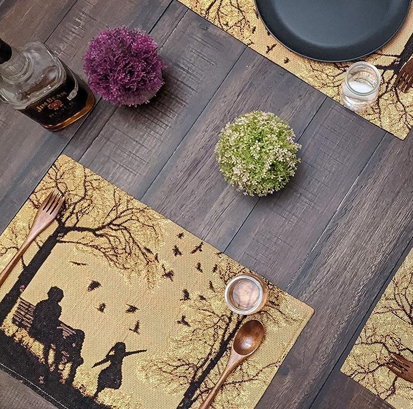 DaDa Bedding Set of 4-Pieces Magical Golden Reindeer Tapestry Placemats - Starry Winter Snowflake Festive Merry Christmas Holiday Yellow & Black - Needle Stitched Woven Table Mats - 13” x 19”