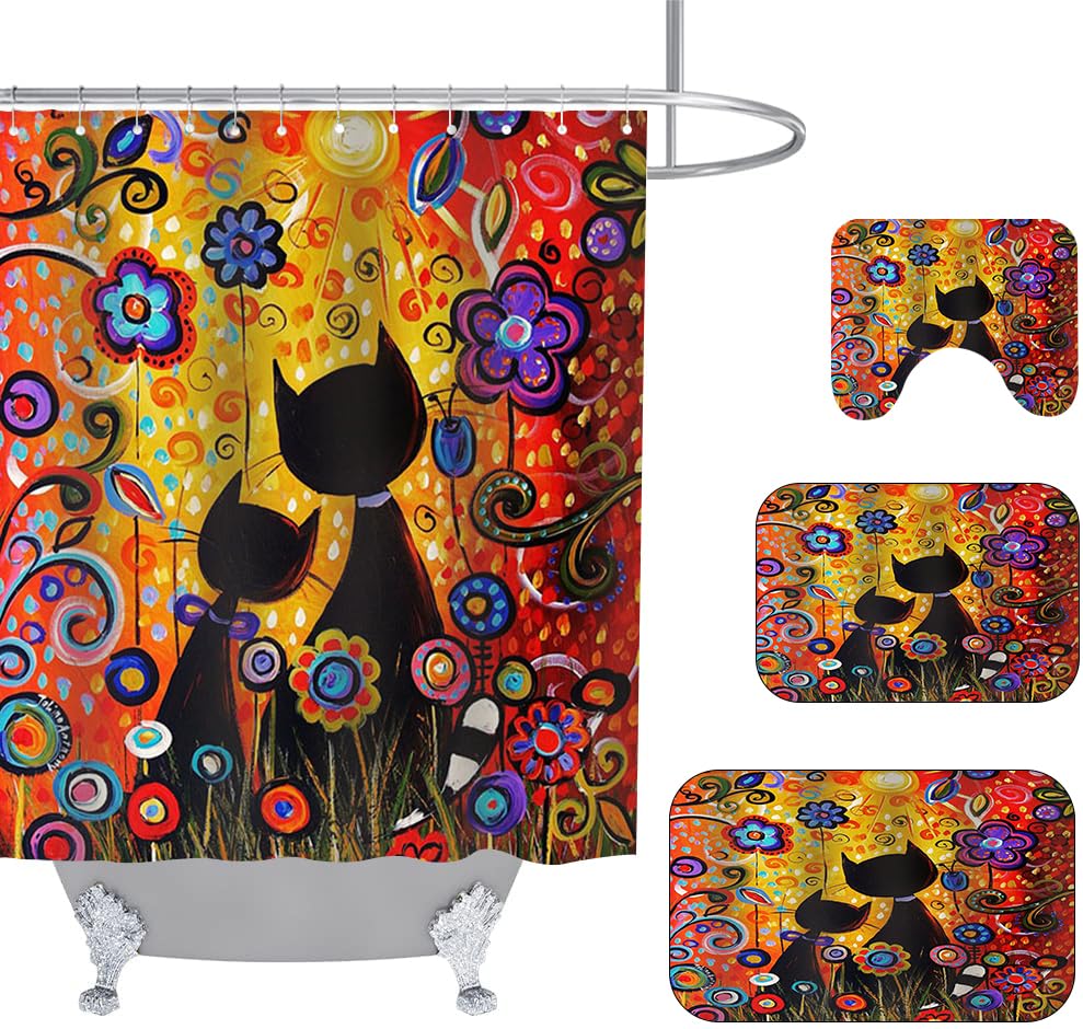 Cute Cat Couple Bathroom Sets with Flowers Fairy Shower Curtain and 20 x 31 Rugs Bathroom Accessories Sets Decor with Bath Rug, Bath Mat, U-Shaped Contour and Hooks 72 x 72 Inch