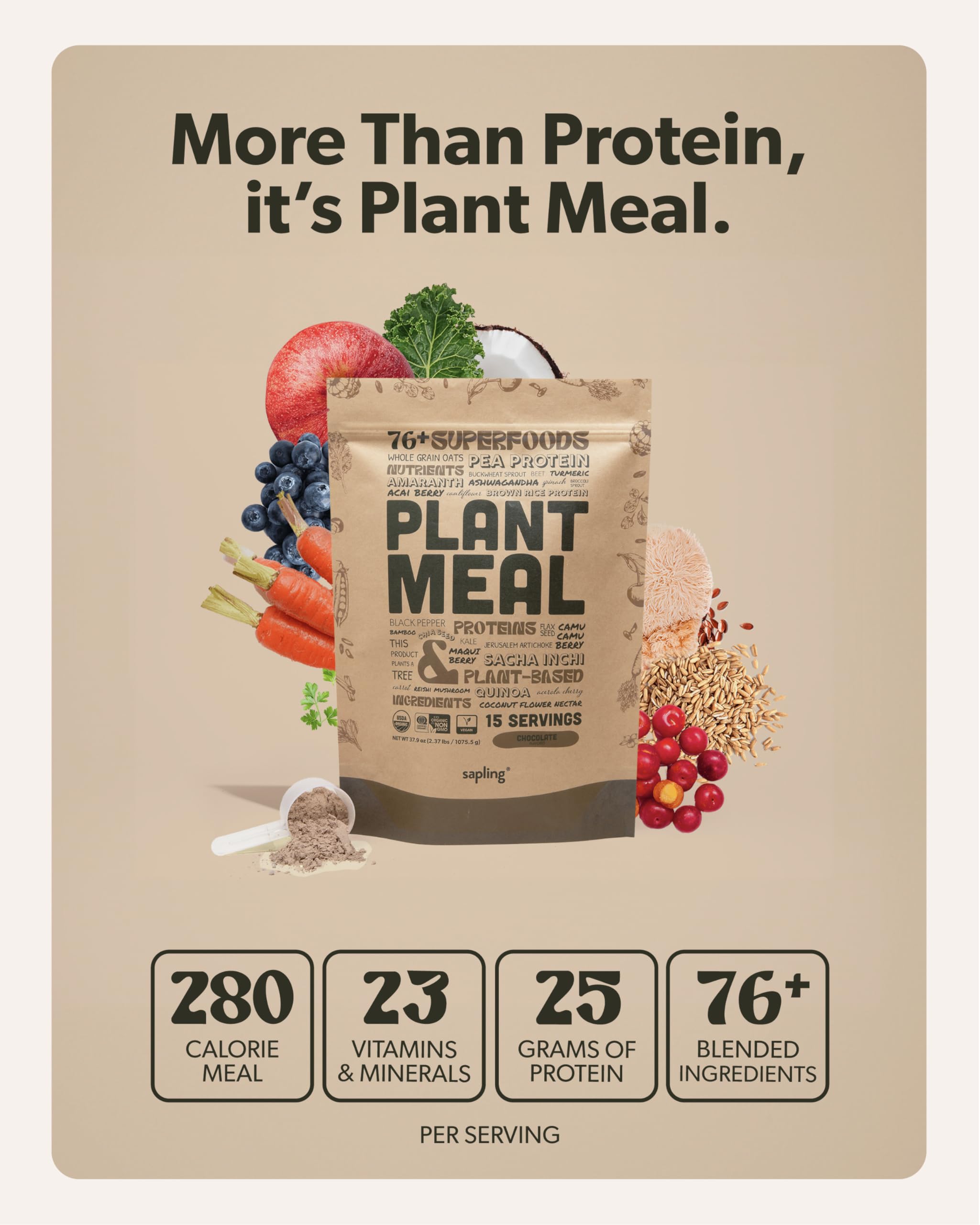 Plant Meal Replacement Shake - Chocolate - 25g of Plant Based Vegan Protein Powder, 76+ Organic Superfoods, Vitamins & Minerals, Mushrooms, Super Greens, Digestive Enzymes & Probiotics - 15 Servings