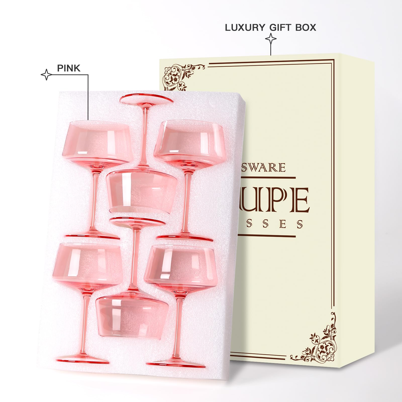 Pink Coupe Glasses Set of 6 - 13 oz Large Capacity Martini Glassware - Versatile Tall Cocktail Glasses- Hand-Blown Colored Champagne Coupe Glass-Art Deco Cocktail Glasses Set-Wedding,Christmas Gifts