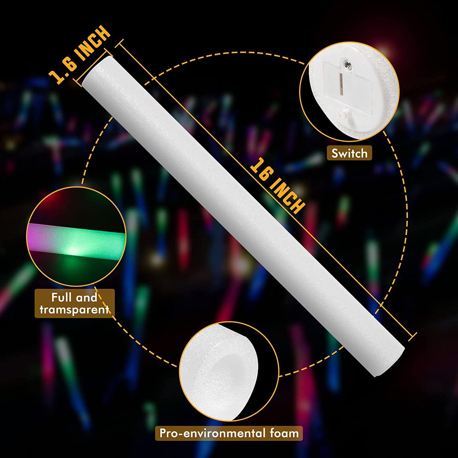 SHQDD Foam Glow Sticks Bulk, 174 Pack Giant Foam Sticks with 3 Modes Colorful Flashing, Glow in the Dark Party Supplies for Wedding, Raves, Concert, Camping, Sporting Events