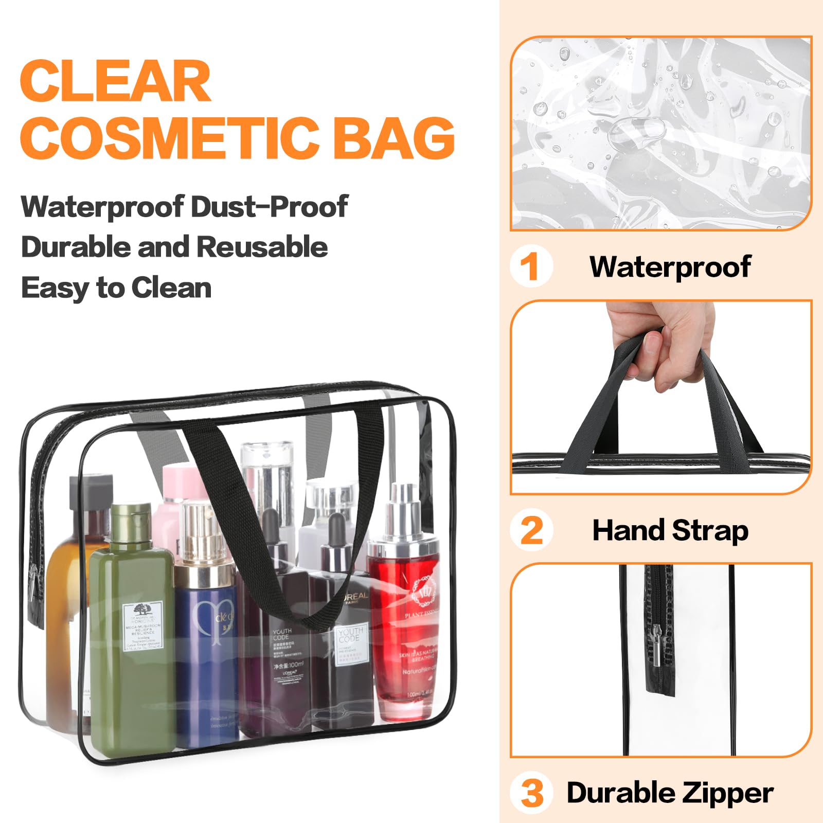 HAOGUAGUA 2 Pieces Large Clear Makeup Cosmetic Toiletry Organizer Bag, Clear Plastic Tote Bags, Waterproof Transparent Small Clear Handbag Purse