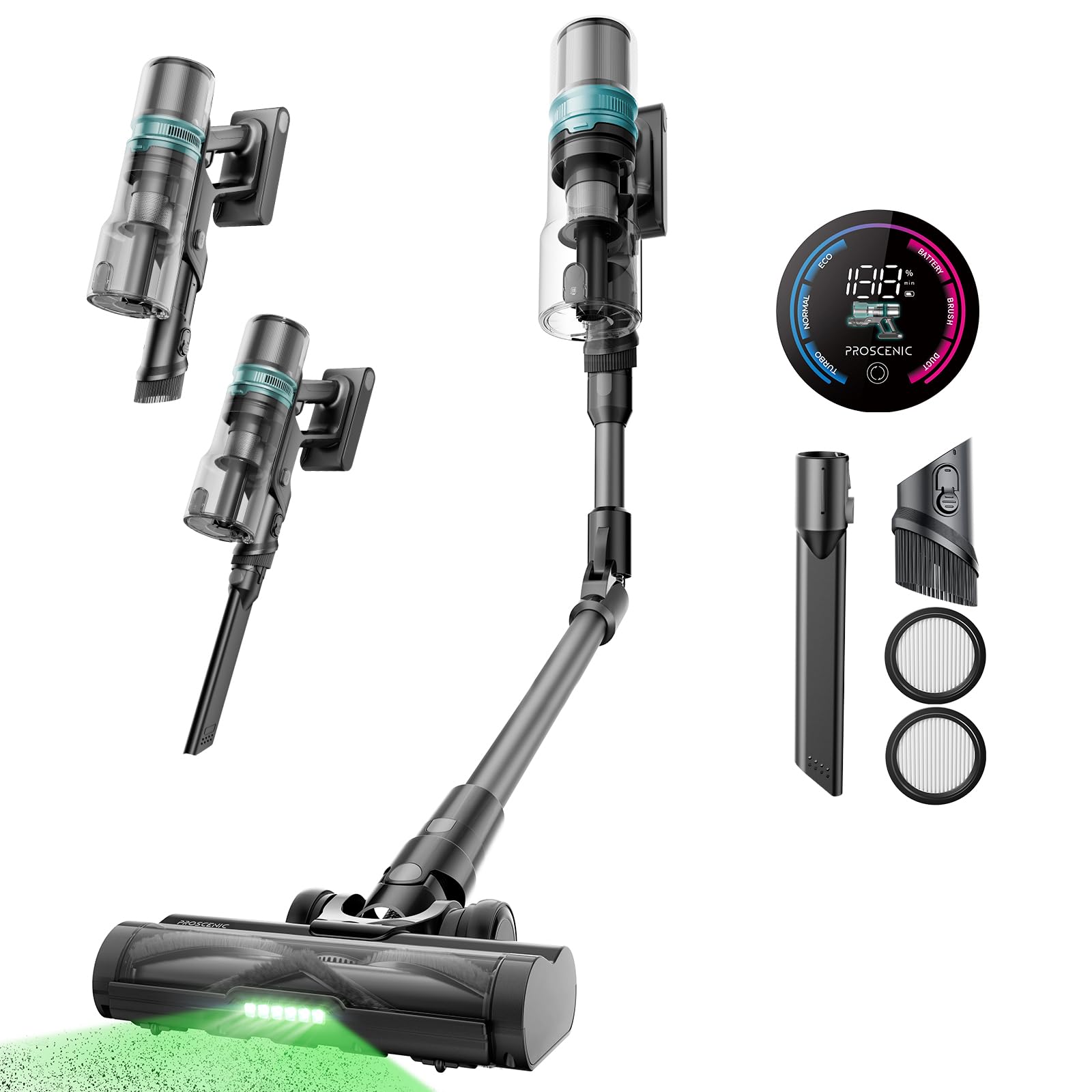Proscenic Cordless Vacuum Cleaner, 45Kpa 55Mins Runtime, 180°Bendable Wand, Vacuum Cleaners for Home with Green Light, Anti-Tangle Brush, Rechargeable Lightweight Stick Vacuum for Pet Hair, P16(Grey)