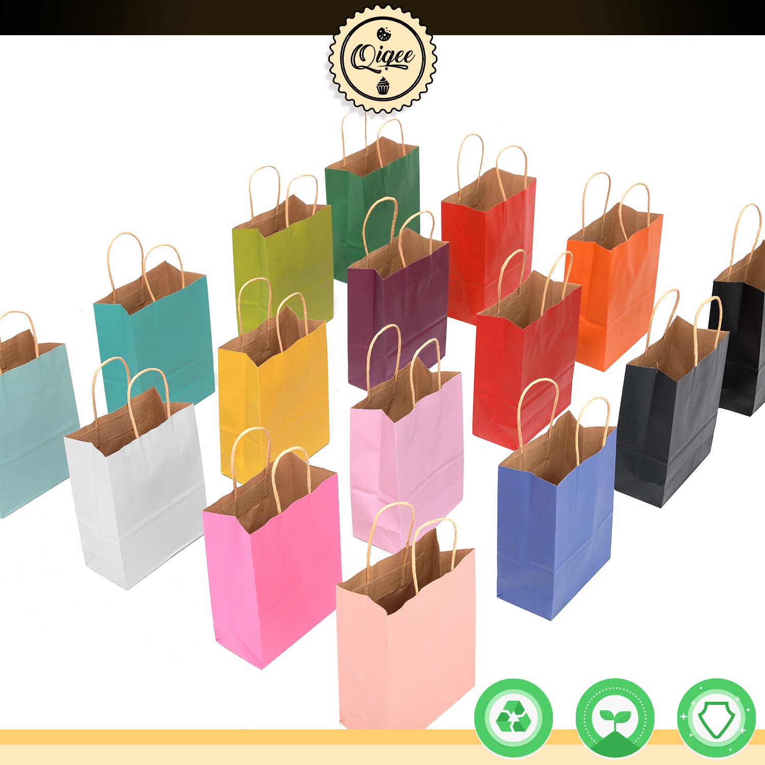 qiqee 60-Packs Paper Bags with Handles Bulk 8.26"×6"×3.15" Small Gift Bags 16 Different Senior Color Bags Multiple Uses（Small Size）