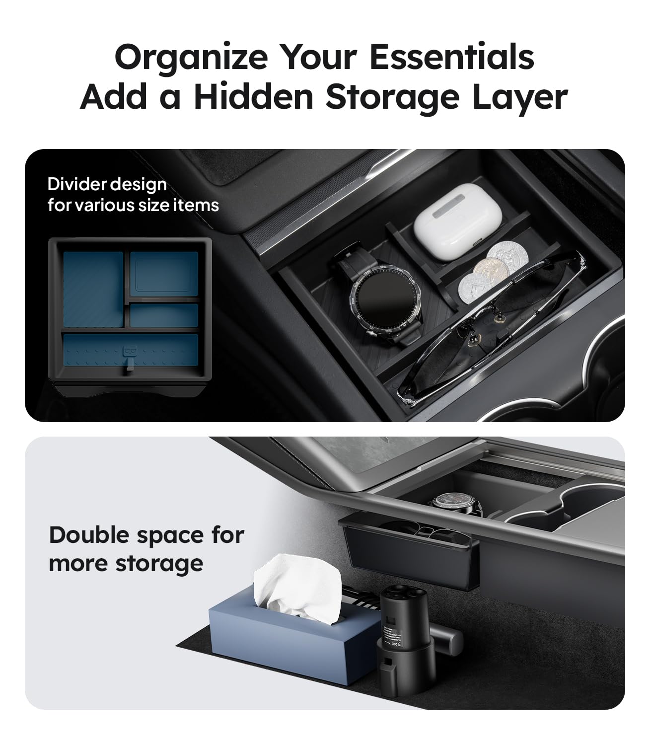 Wigoo Center Console Organizer for Tesla Model Y Juniper (Only Premium & Performance 2025 2026) and All Model 3 Highland Accessories [Double-Layer Storage, Smooth Sliding] 4PCS Black