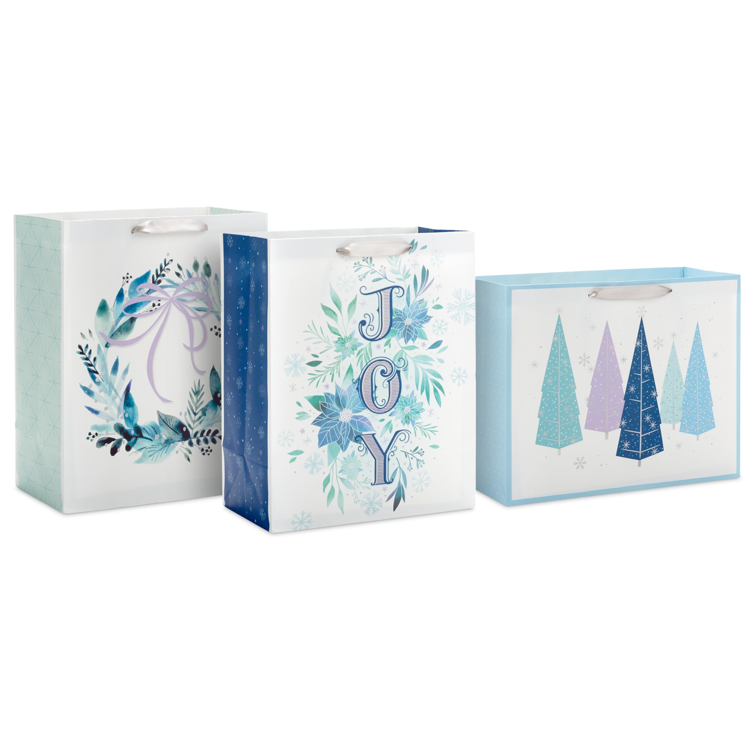 Hallmark 13" Large Gift Bag Bundle (3 Bags: 2 Vertical, 1 Horizontal) Watercolor Winter Wreath, Trees, Joy in Lavender, Sage Green, Light Blue, Silver