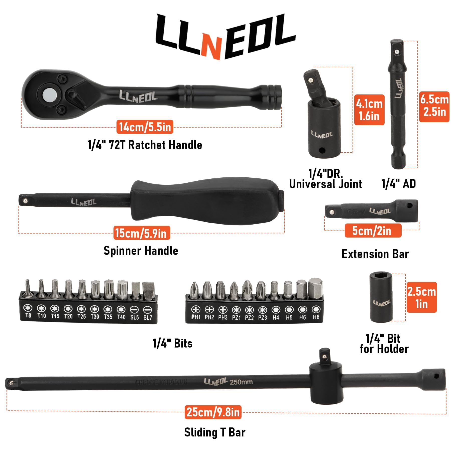 LLNEDL 1/4 Inch Drive Impact Socket Set, 83Pcs Socket Wrench Set Metric & SAE from 4-15mm, 5/32-9/16", 6 Point CR-V Deep & Shallow Sockets Kit with 72T Ratchet Handle, E Torx, for Automotive & Home