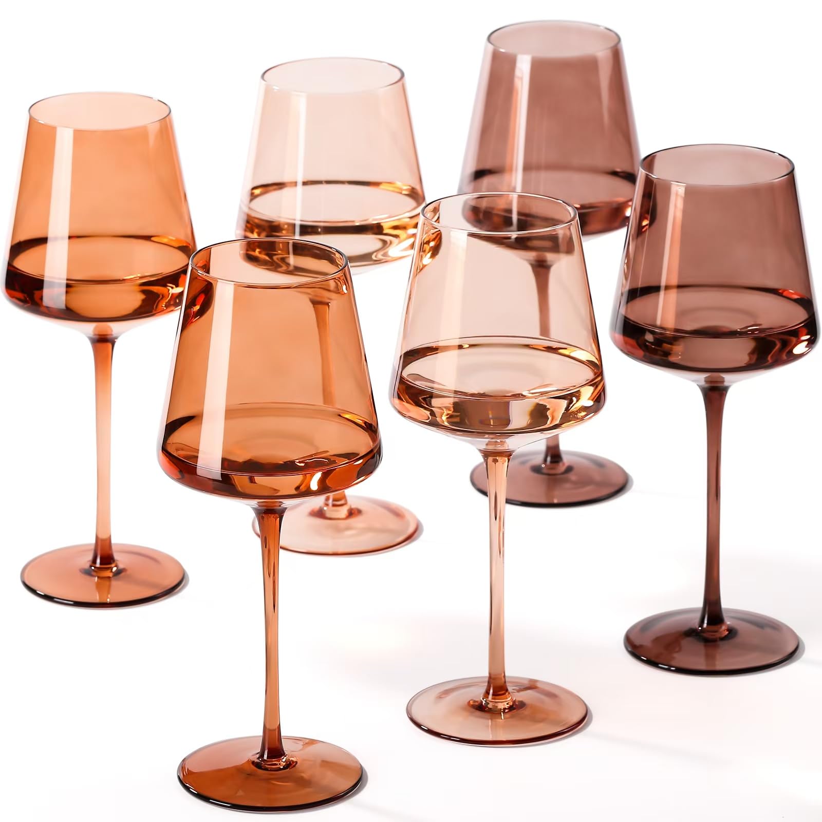 Venus Colored Wine Glasses Set of 6-18oz【Hand Blown】 Brown Wine Glasses with Tall Long Stems and Flat Bottom, Amber Colored Glassware-Unique Christmas Gifts for Wine Lovers-Wedding Gifts