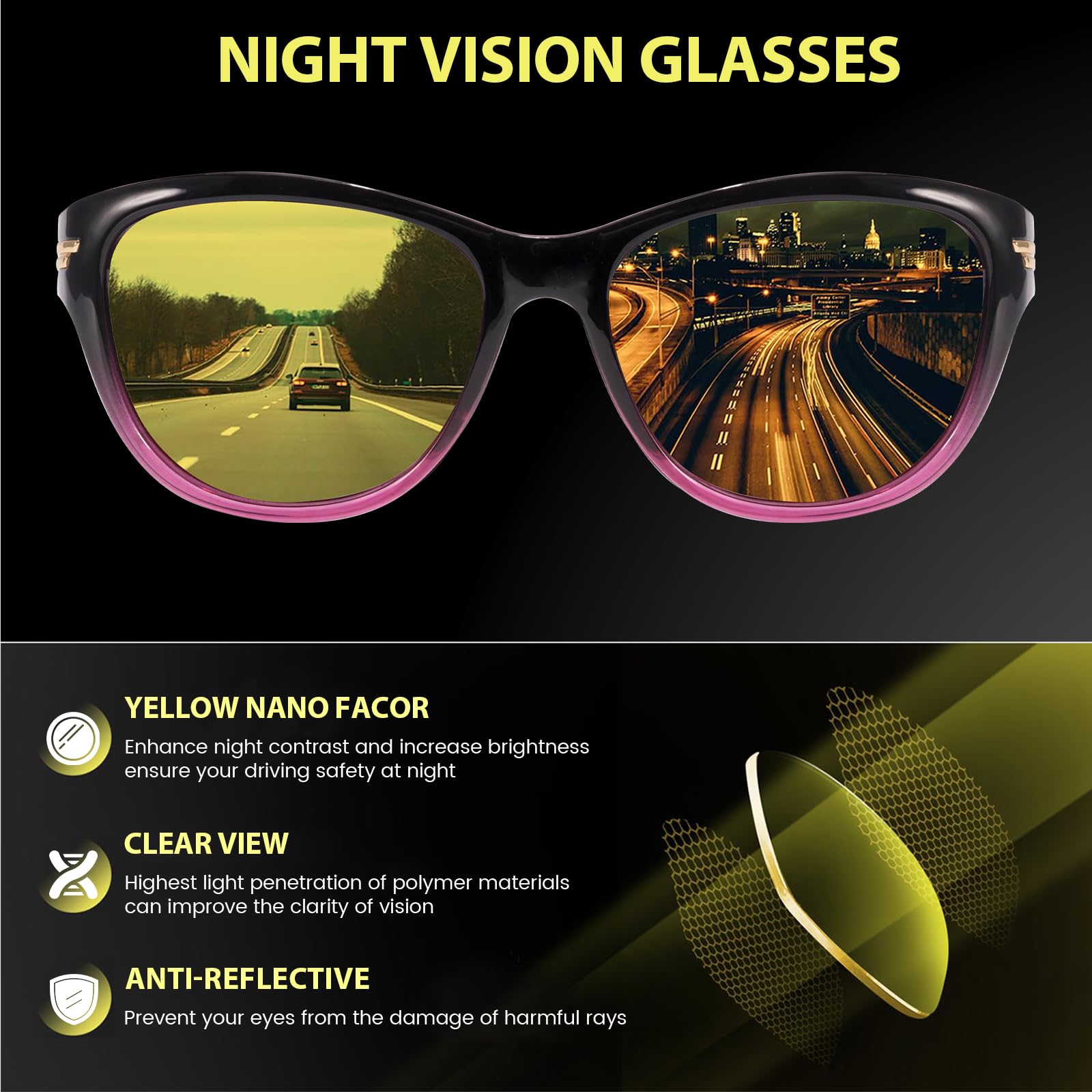TJUTR Women’s Night Vision Driving Glasses, Polarized Yellow Tint Anti Glare & Enhanced Vision Eyewear for Nighttime Driving