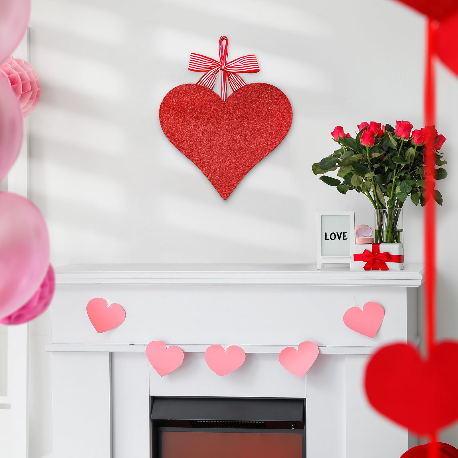 AKEROCK Valentines Day Decorations, Red Glittery Heart Shaped Wooden Hanging Sign for Valentines Decorations, Valentines Day Decor for The Home, Wall, Door Hanger