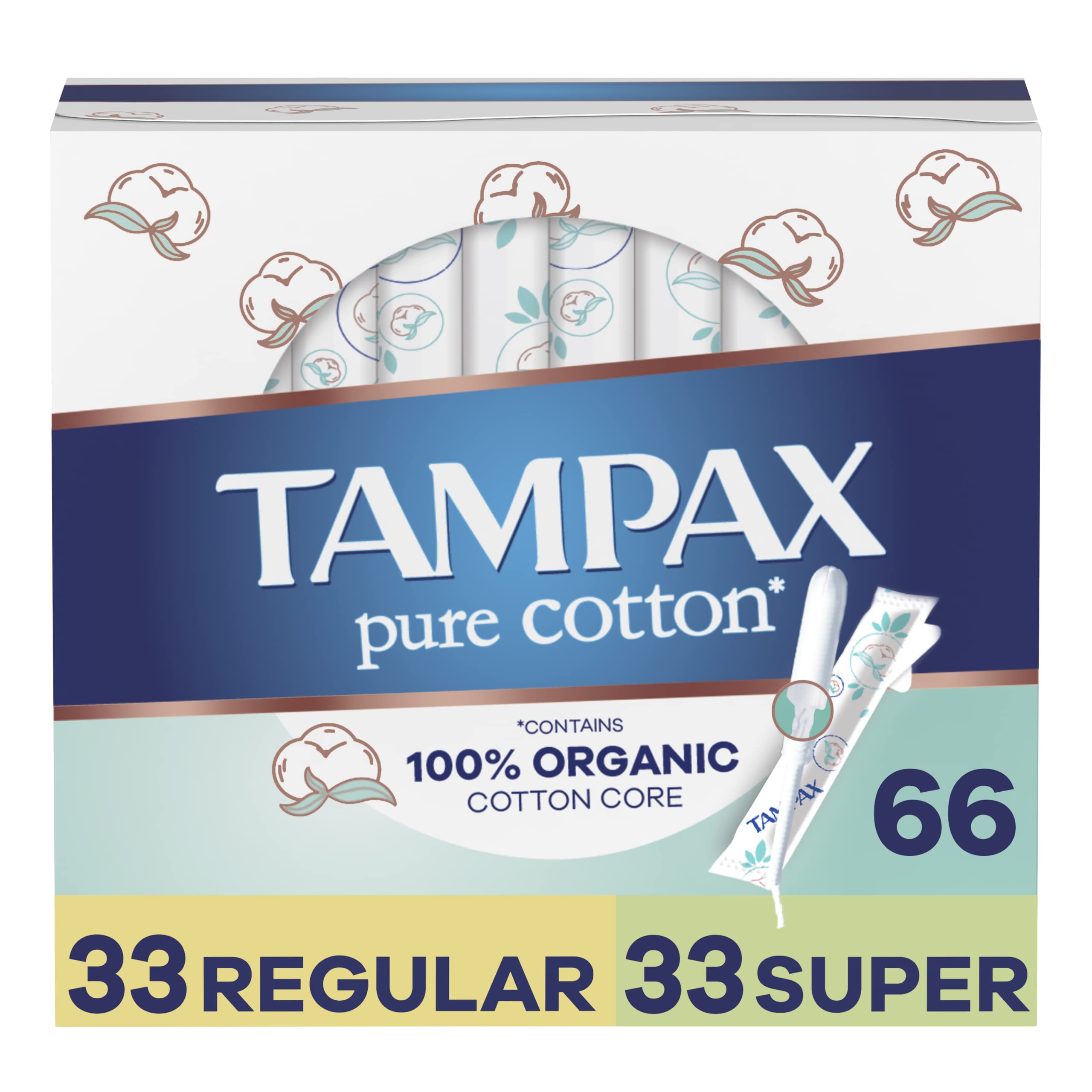 Tampax Pure Cotton Tampons, Contains 100% Organic Cotton Core, Regular/Super Absorbency, unscented, 22 Count x 3 Packs (66 Count Total)