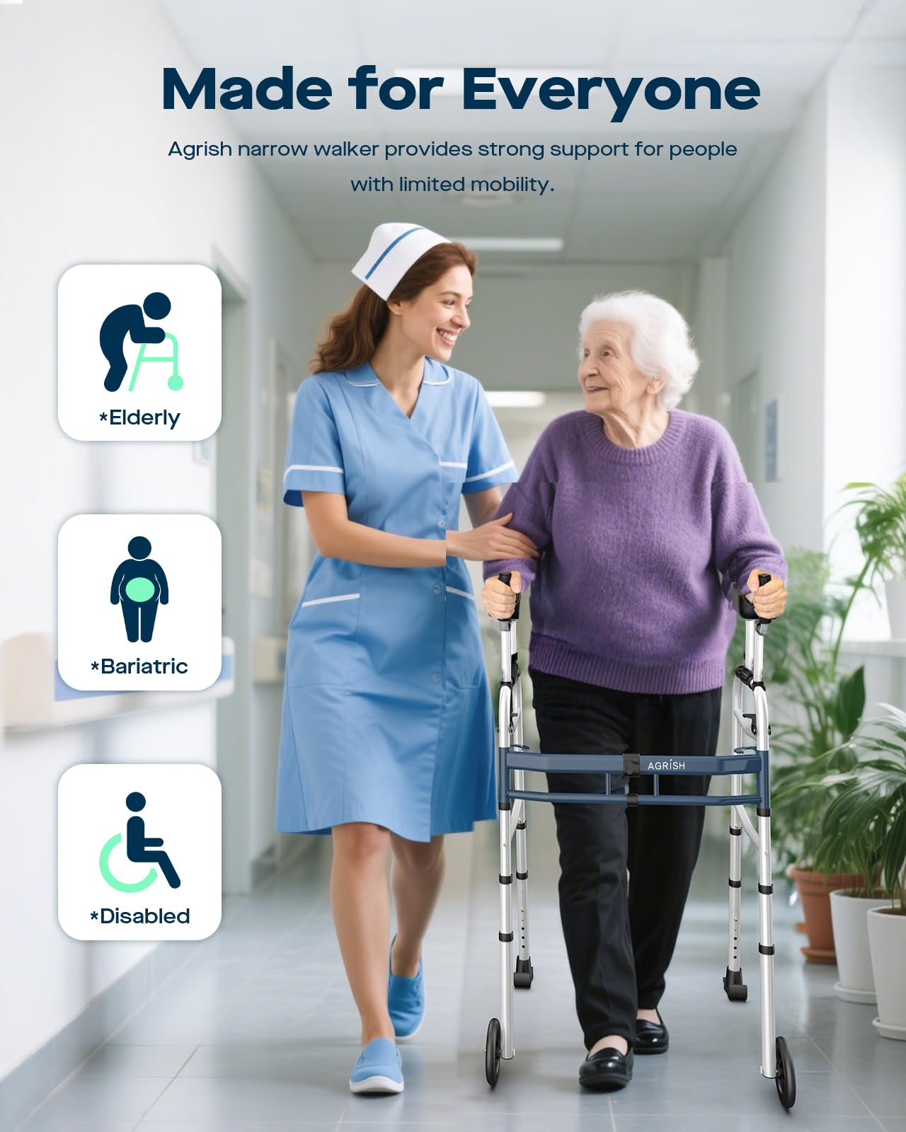 Narrow Walker Folding Upright Walker - with Removable Armrests, 450LBS Heavy Duty, Width & Height Adjustable Narrow Walkers for Seniors, Disabled, Bariatric