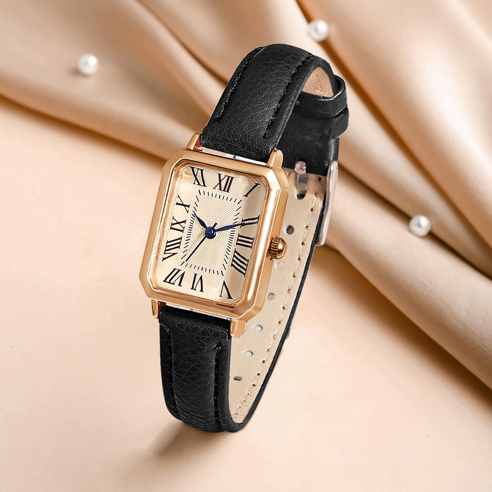 BESTKANG Leather Strap Watches for Women Elegant Dainty Ladies Watch Vintage Rectangle Women Quartz Wrist Watch (Black Gold)