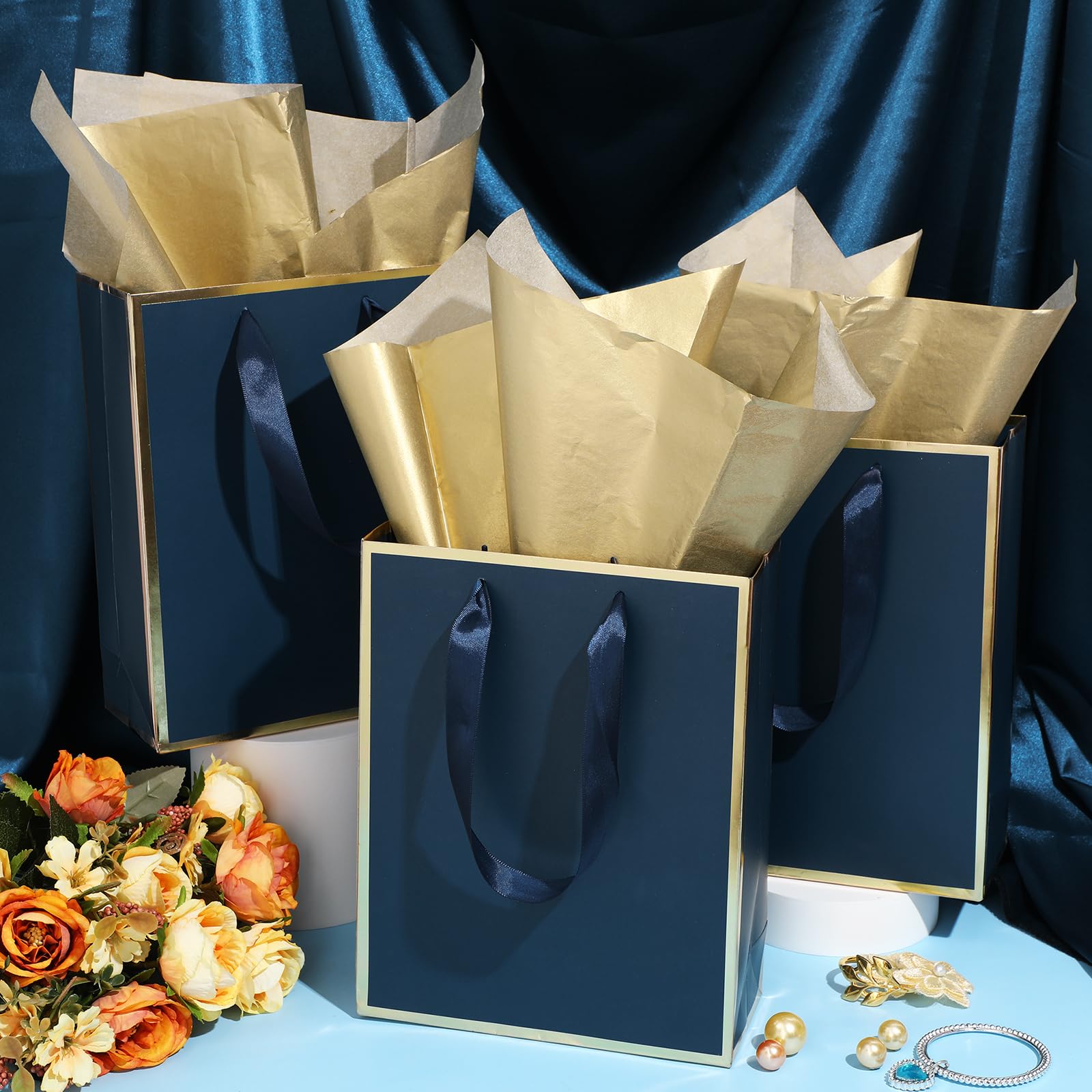 Yeaqee 24 Pack Metallic Paper Gift Bags with Handle and Tissue 9 x 7 x 3.1 Bridesmaid Welcome Gift Bag Thank You Bags for Christmas Thanksgiving Party Wedding Bridal Favor(Navy Blue, Gold)