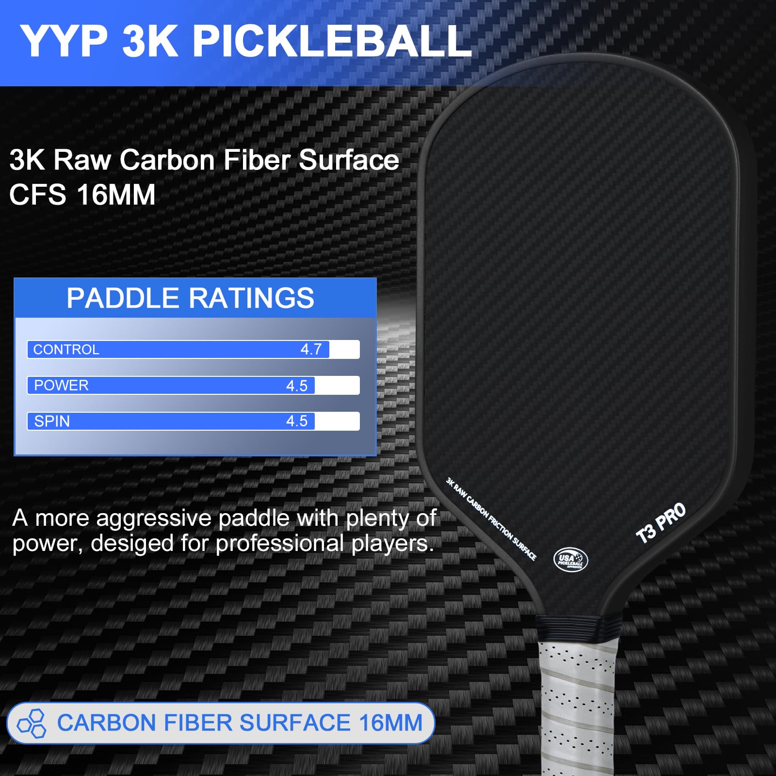 Pickleball Paddle, YYP 3K CFS Pickle Ball Paddle Racket - Carbon Fiber Surface with High Grit & Spin, Ultra-Light Design, 16MM Polypropylene Honeycomb Core, Perfect for Professional Players