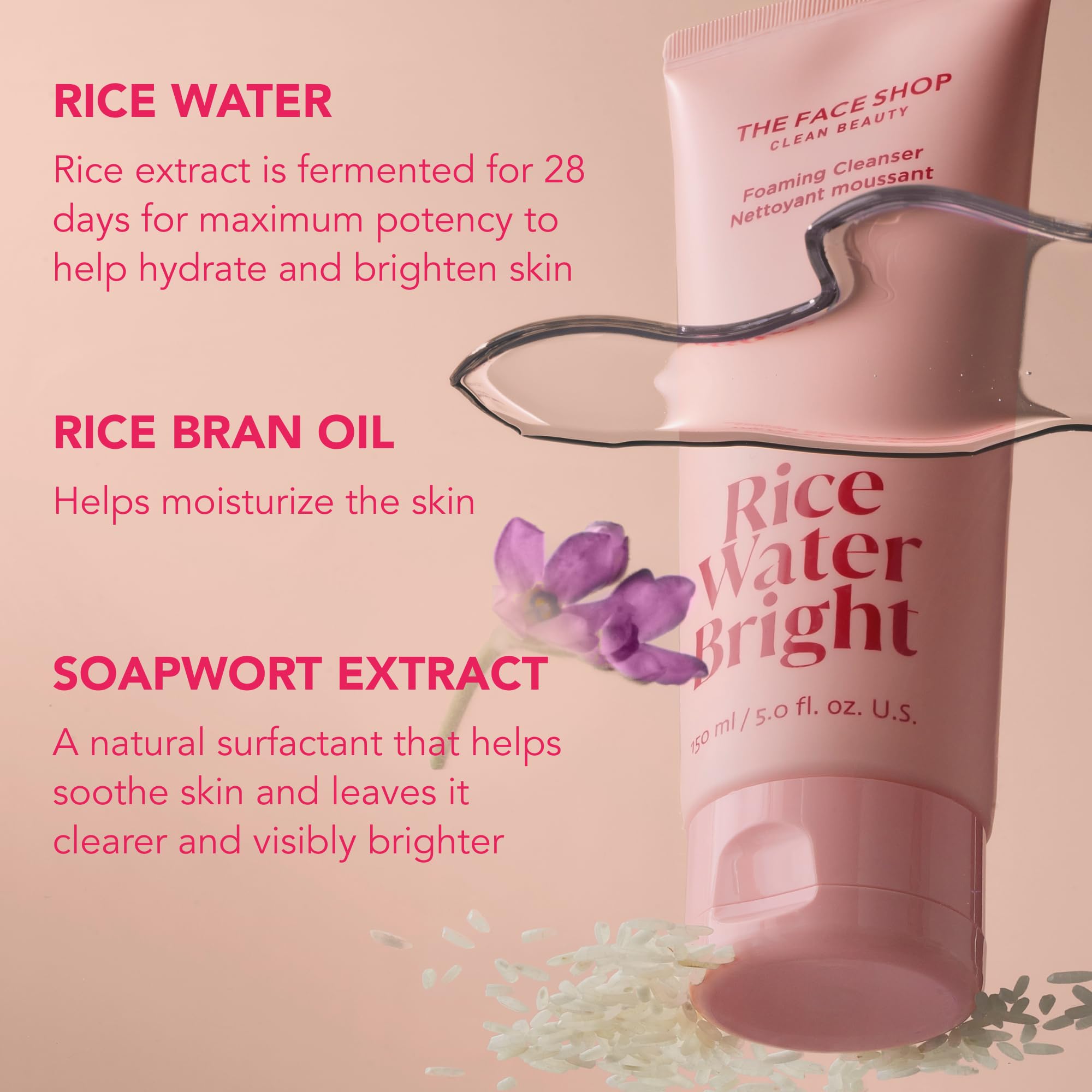 The Face Shop Rice Water Bright Foaming Facial Cleanser with Ceramide, Gentle Face Wash for Hydrating & Moisturizing, Vegan Face Cleanser, Makeup Remover, Korean Skin Care for All Skin Types, 150ml