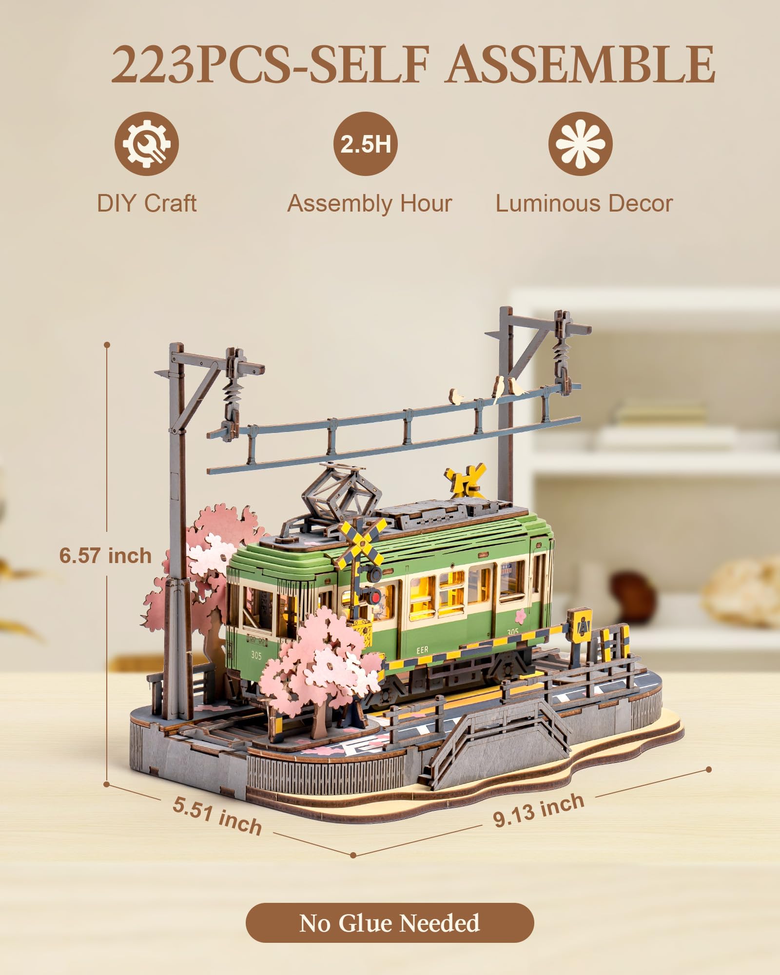 Wowood 3D Wooden Puzzles for Adults-Sakura Journey Tram, Model Car Kits Building Set for Adults, DIY Hobby Craft Kits Creative Gift STEM Toy for Girls Boys (223PCS)