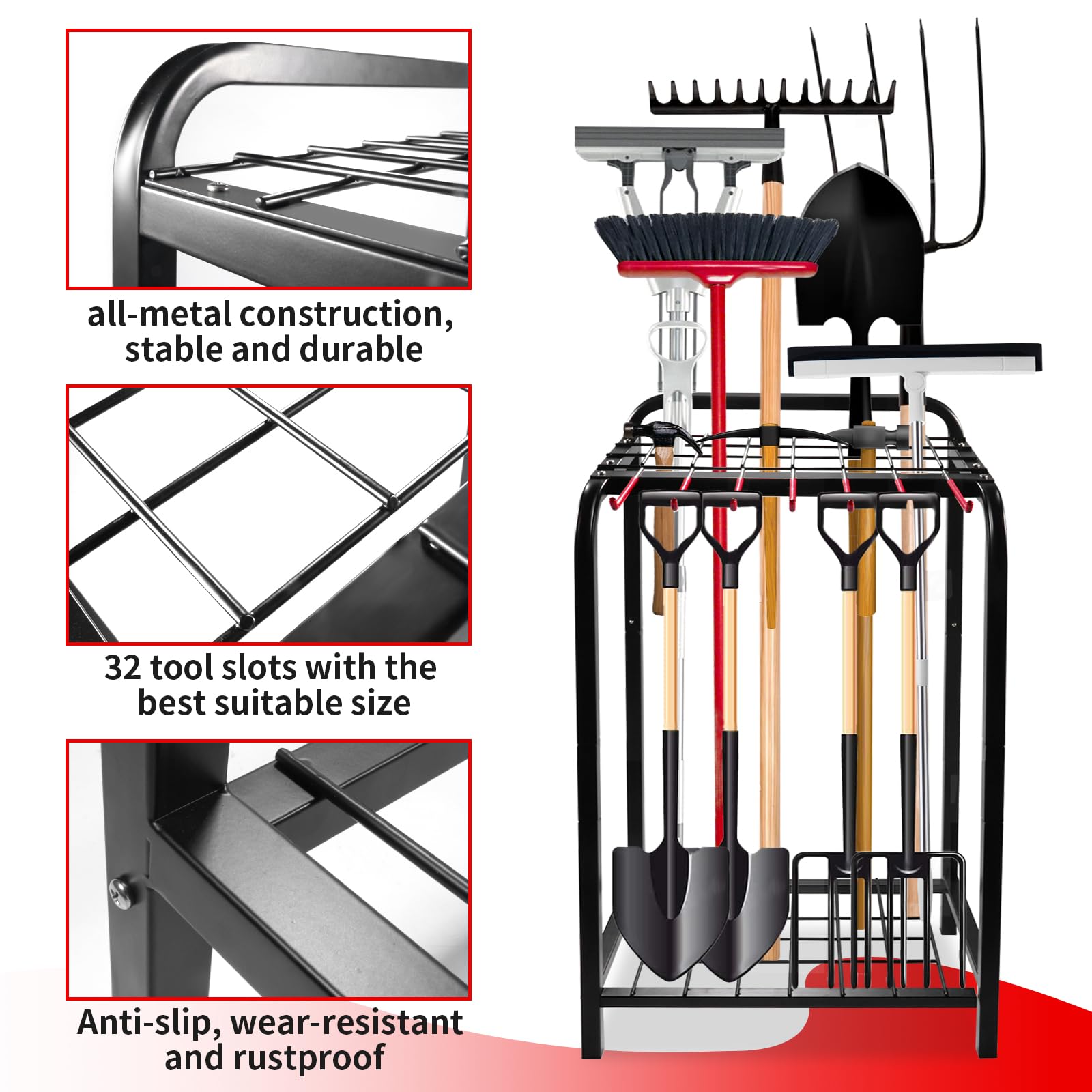 Trieez Heavy Duty Garden Tool Storage, Alloy Steel Garden Tool Organizer - Sturdy Metal Garden Tool Organizer for Garage, Tools, Shed, Yard Tool Holder, Garage Tool Organizer Rack - BLK