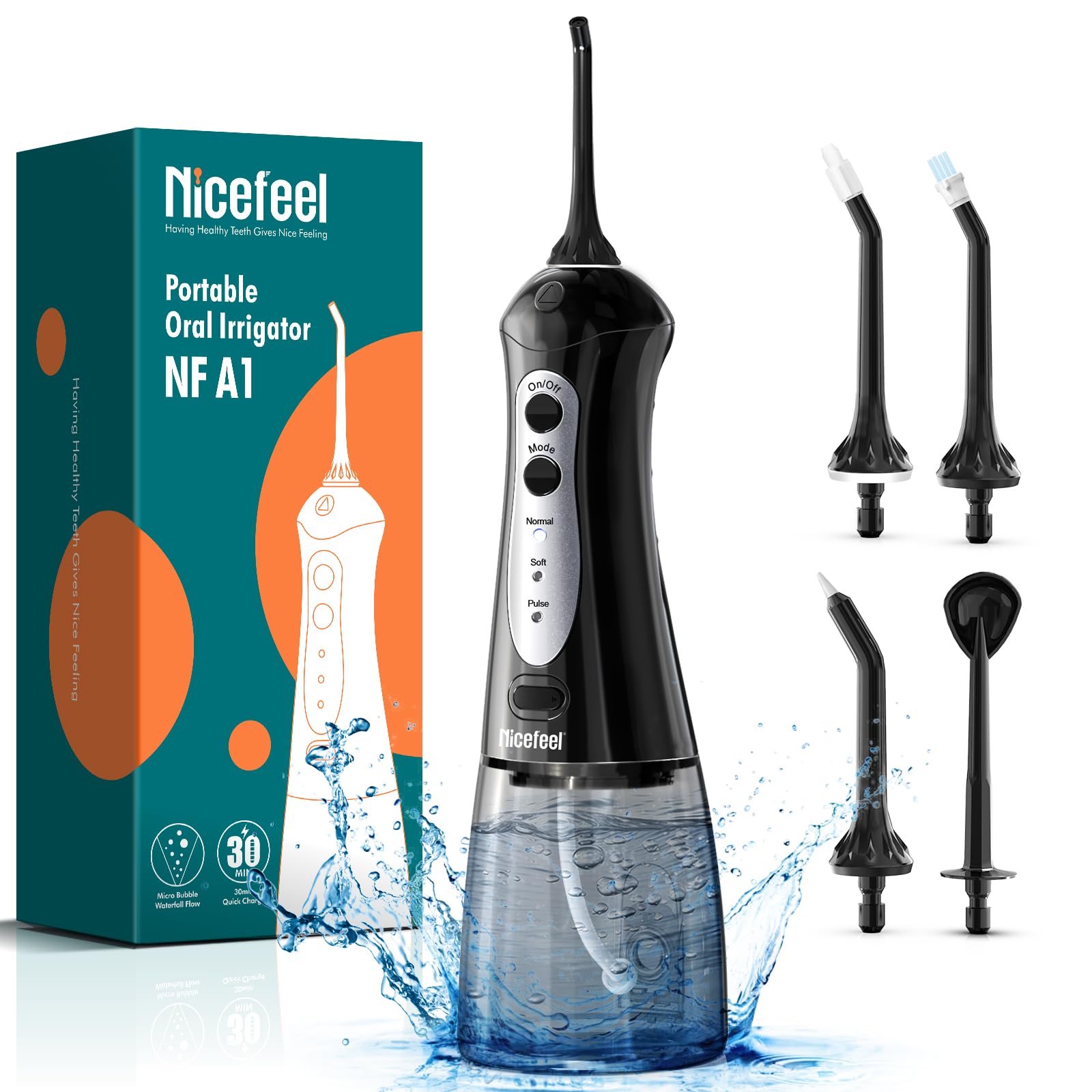 Nicefeel Water Dental Flosser Teeth Pick - Fast Charge Cordless Teeth Cleaner, 3 Modes Portable Oral Irrigator, IPX7 Waterproof Electric Water Dental Flosser for Tonsil Stone, 300ML Tank, Home Travel