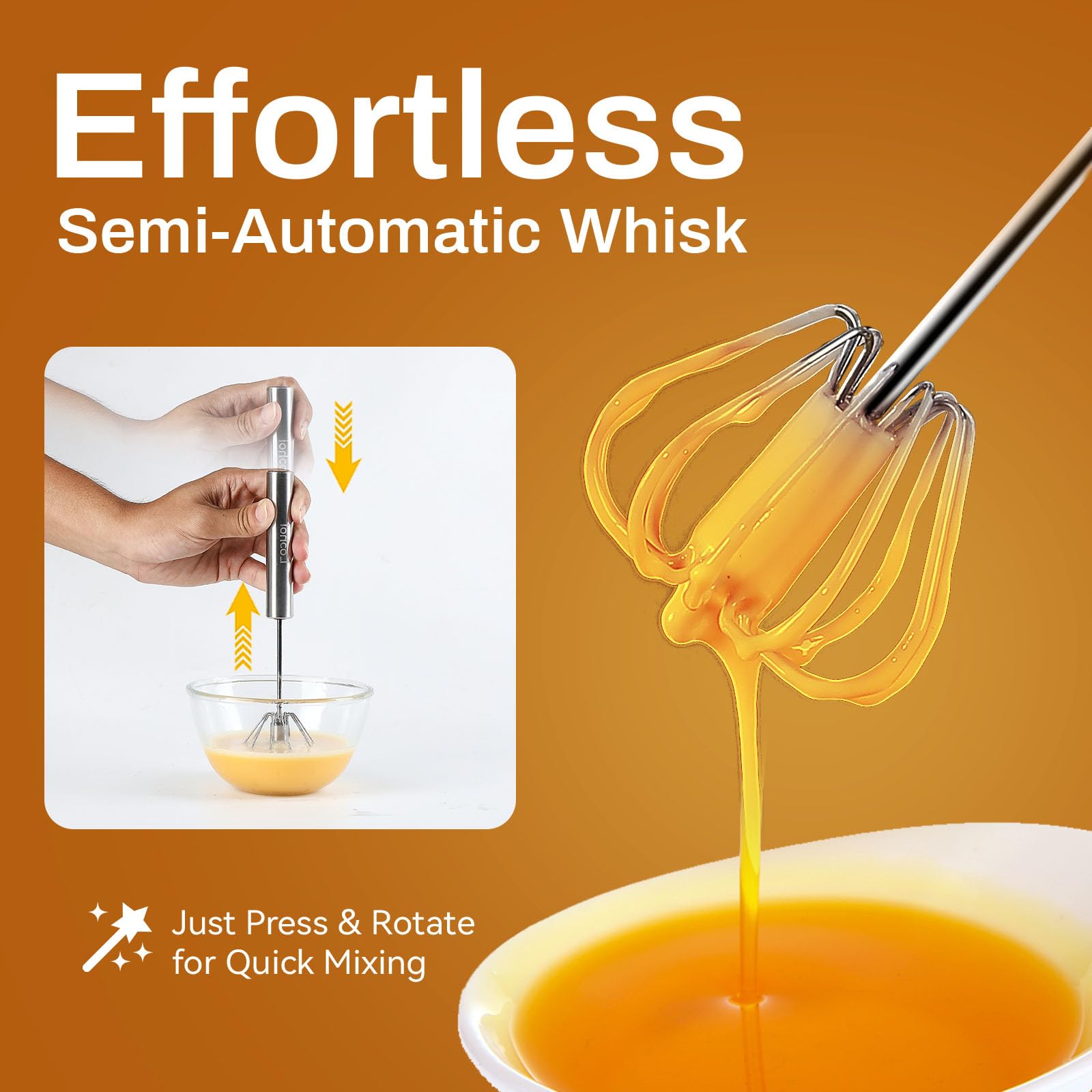 Stainless Steel Semi-Automatic Whisk, 2026 New Stainless Steel Egg Whisk Hand Push Rotary Whisk Blender, Hand Push Mixer Stirrer Tool for Cooking Kitchen Home Egg Milk (10in)