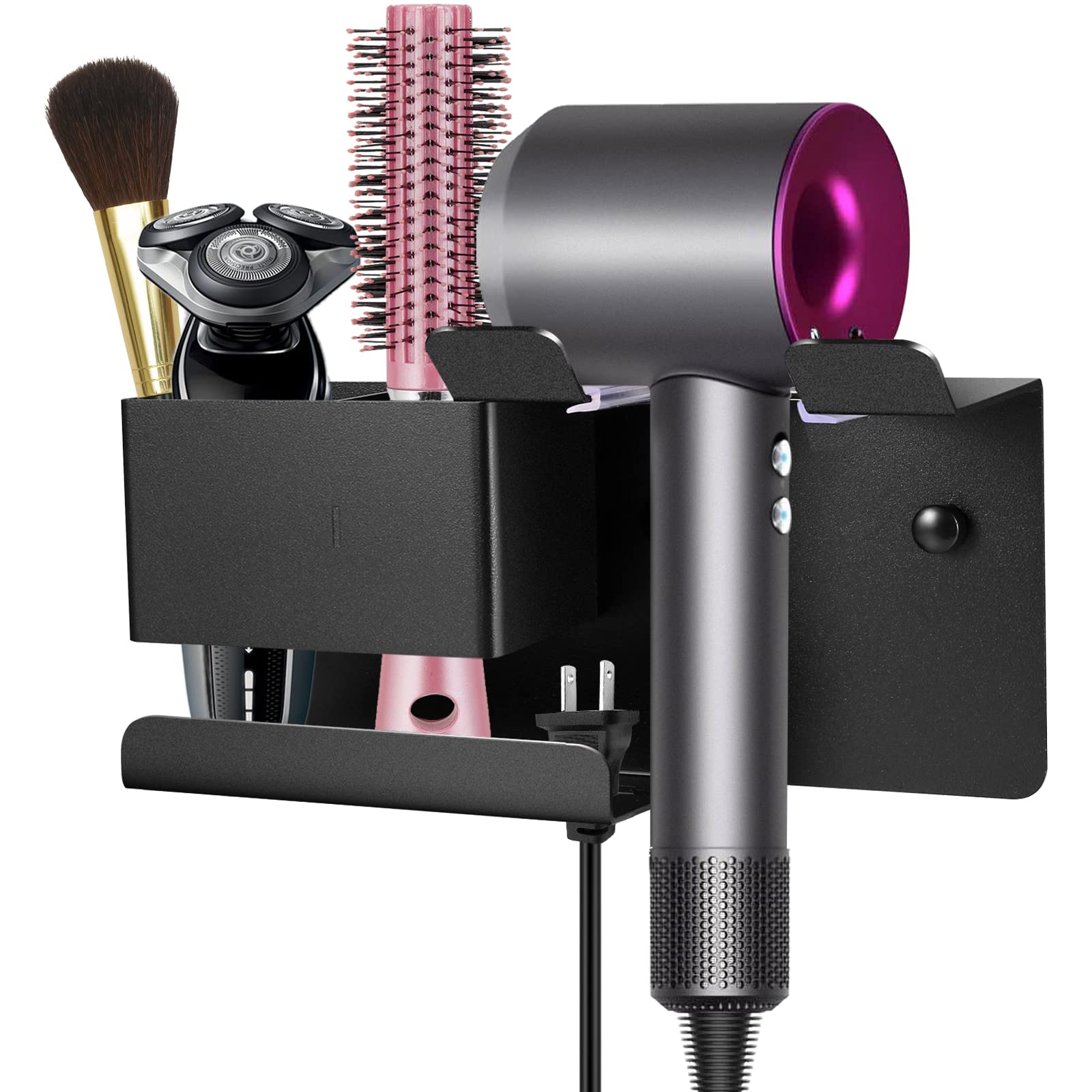 BOJDOPIE Hair Dryer Holder Wall Mounted, Blow Dryer Organizer for Bathroom, Aluminum Alloy Multi-functional Hair Dryer Rack for Dyson Supersonic, Morden Black