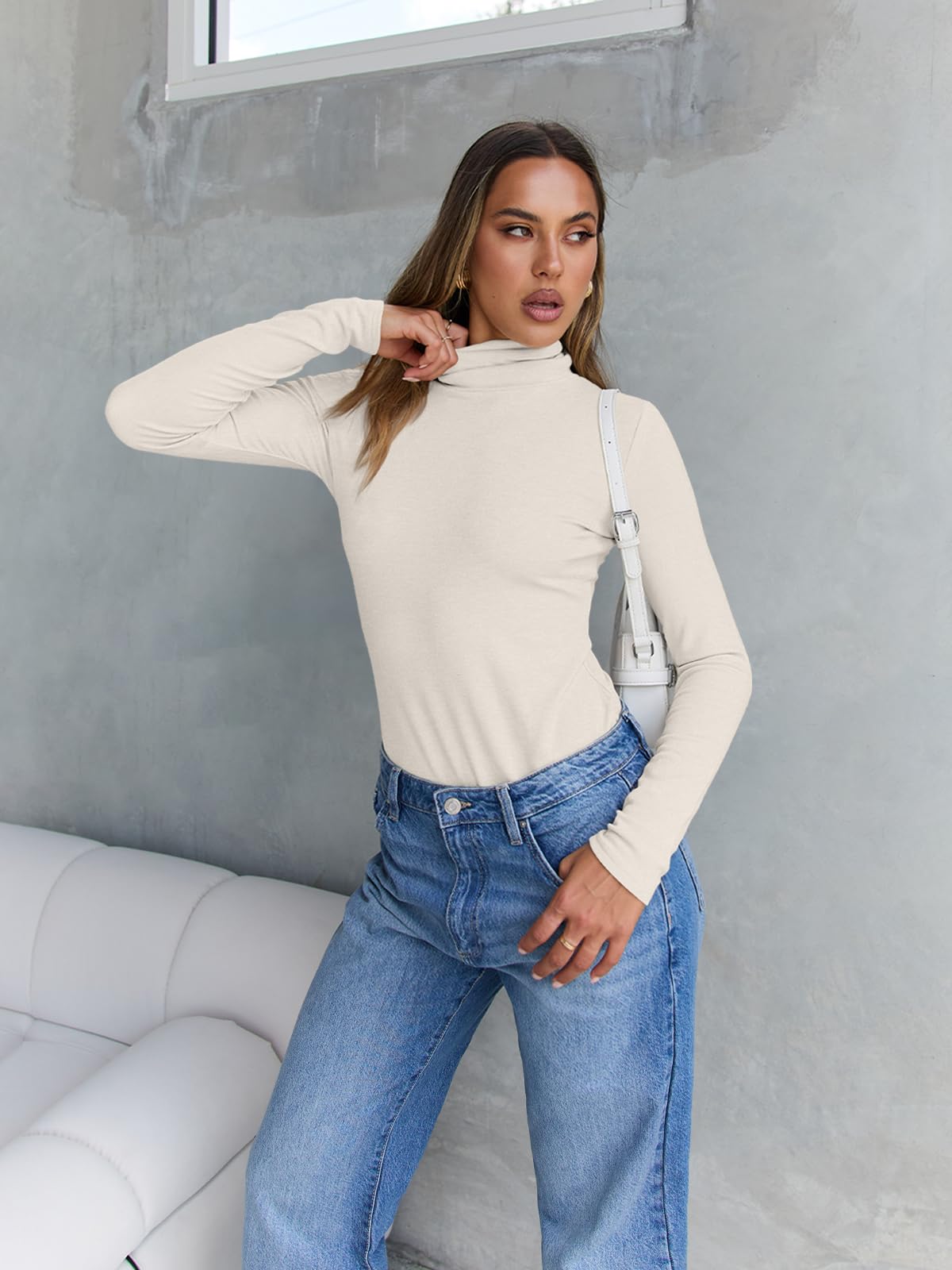 Trendy Queen Women's Turtleneck Long Sleeve Shirts Fall Fashion BasicThermal Underwear Tops Winter Clothes 2024 Beige XL