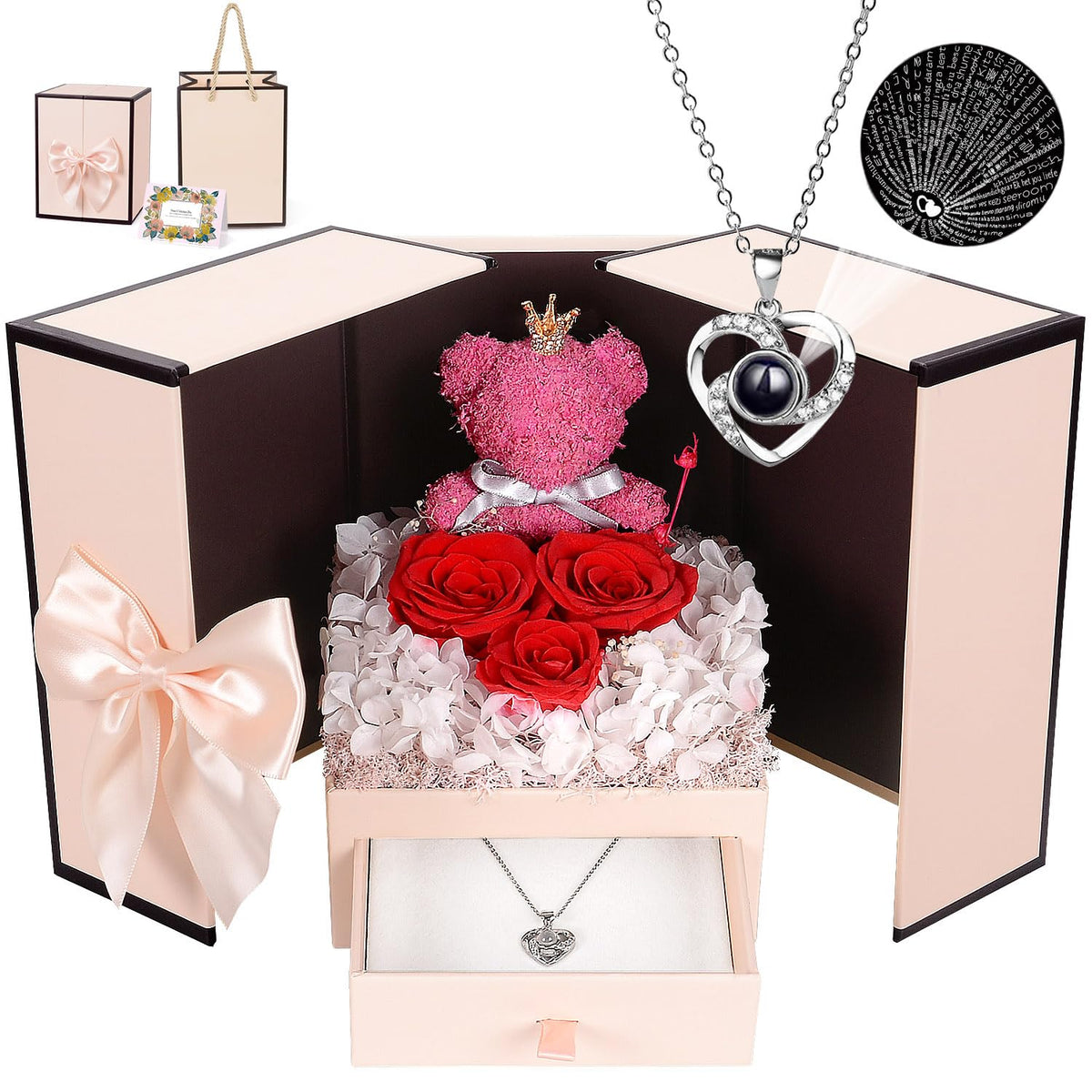 digi marker Preserved Rose Moss Bear with I Love You Necklace Rose Gifts for Women Girlfriend Wife Mom Grandma Birthday Christmas Valentines Mothers Day Anniversary Wedding Thanksgiving