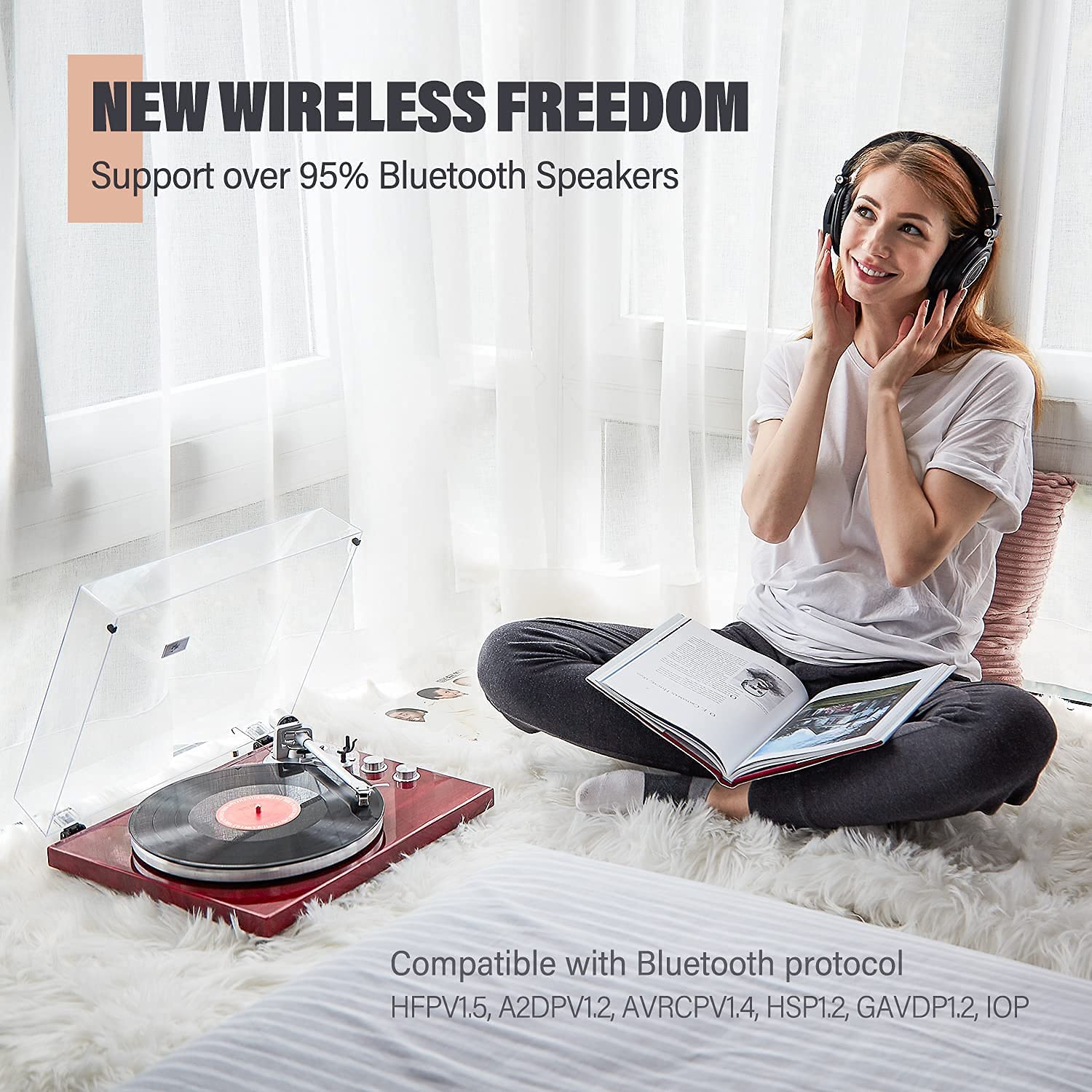 1 by ONE Belt Drive Turntable with Bluetooth Connectivity, Built-in Phono Pre-amp, USB Digital Output Vinyl Stereo Record Player with Magnetic Cartridge, 33 or 45 RPM