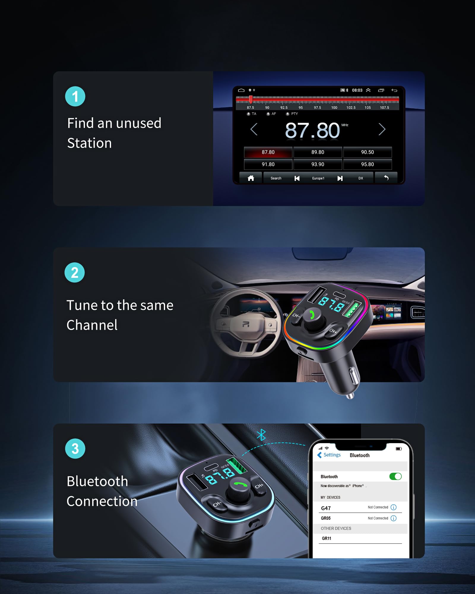 Bluetooth 5.3 FM Transmitter Car Adapter - Bluetooth Car Adapter with Fast Charger [PD 30W & QC3.0 18W]，Hi-Fi Audio & Clear Calls, 7 Colors LED Backlit