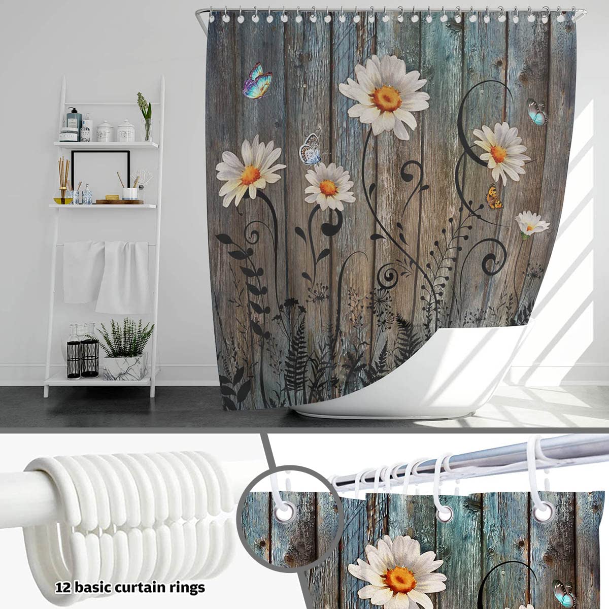 Mocsicka Country Daisy Shower Curtain Vintage Farmhouse Rustic Plant Floral Butterfly Shower Curtain for Bathroom Waterproof Fabric Shower Curtain Set with 12 Hooks, 72x72 Inches