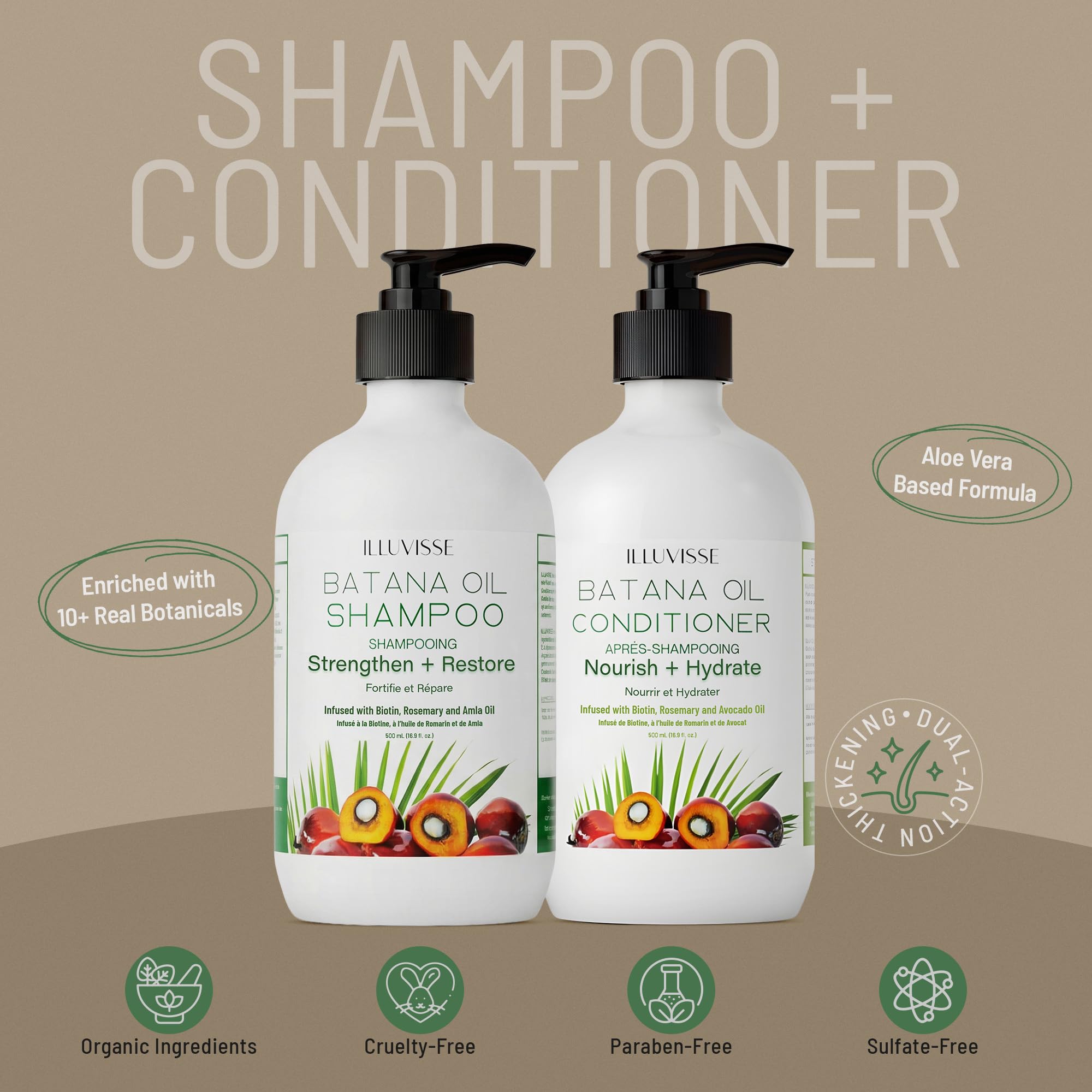 ILLUVISSE Batana Oil Shampoo and Conditioner Set for Hair Growth & Thickening, Organic Rosemary, Tea Tree Oil, Biotin & Aloe Vera Formula for Men & Women, Strengthens Nourishes & Smooths, 500ml Each